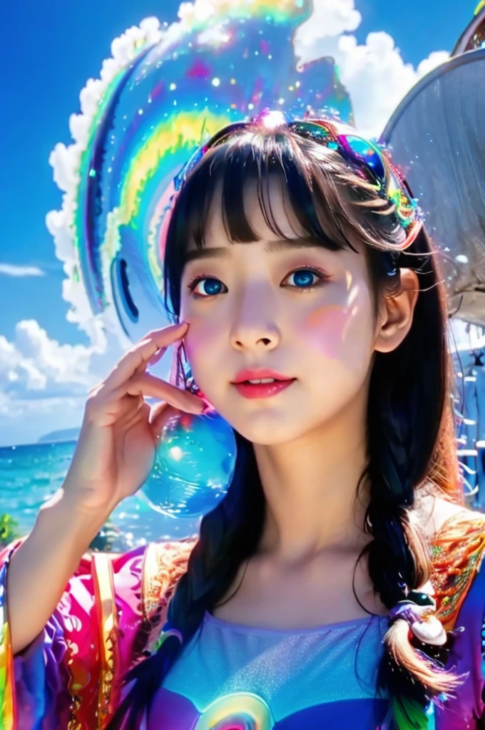 (Highest quality), (8K), (Highest quality), (live-action), (Realistic photos), summer、summerを感じる物、summerを感じる風景, blue sky, Rainbow and sunshine shining.16K, Ultra-high resolution, Shining in rainbow colors、to be born,wonderful ,future、Iridescent、The world 30 years from now。