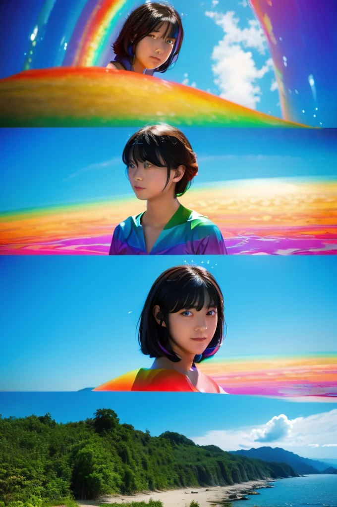(Highest quality), (8K), (Highest quality), (live-action), (Realistic photos), summer、summerを感じる物、summerを感じる風景, blue sky, Rainbow and sunshine shining.16K, Ultra-high resolution, Shining in rainbow colors、to be born,wonderful ,future、Iridescent、The world 30 years from now。