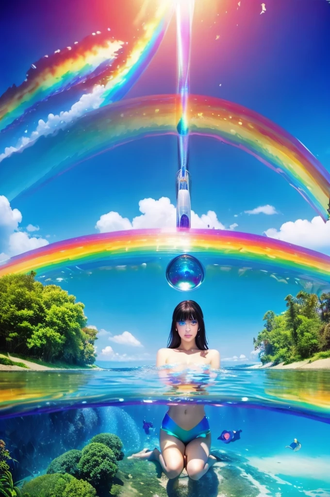 (Highest quality), (8K), (Highest quality), (live-action), (Realistic photos), summer、summerを感じる物、summerを感じる風景, blue sky, Rainbow and sunshine shining.16K, Ultra-high resolution, Shining in rainbow colors、to be born,wonderful ,future、Iridescent、The world 30 years from now。