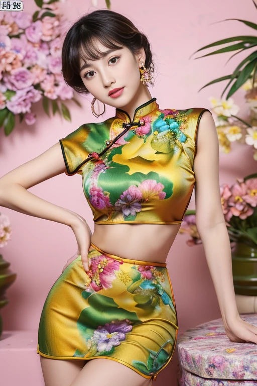 (Masterpiece、Top Quality、Top Quality、Official Art、Beautiful Beauty:1.2)、(1 Woman:1.3)、Soft Smile、Highly Detailed、(Fractal Art:1.1)、(Colorful:1.1)(Floral Pattern:1.3 )、Most detailed、(Tangled:1.2)、Beautiful face、Detailed face、Perfect proportions、Bomb breasts、Big chest thin waist、Navel、Big hips、Crotch gap、Thick and tight、(Dynamic pose)、(Abstract background:1.3) 、 (See-through cheongsam two-piece dress: 1.2)、(Glowing skin)、(Various colors: 1.4)、(Earrings: 1.4)、1 female