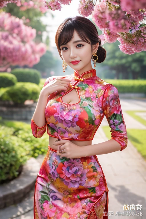(Masterpiece、Top Quality、Top Quality、Official Art、Beautiful Beauty:1.2)、(1 Woman:1.3)、Soft Smile、Highly Detailed、(Fractal Art:1.1)、(Colorful:1.1)(Floral Pattern:1.3 )、Most detailed、(Tangled:1.2)、Beautiful face、Detailed face、Perfect proportions、Bomb breasts、Big chest thin waist、Navel、Big hips、Crotch gap、Thick and tight、(Dynamic pose)、(Abstract background:1.3) 、 (See-through cheongsam two-piece dress: 1.2)、(Glowing skin)、(Various colors: 1.4)、(Earrings: 1.4)、1 female