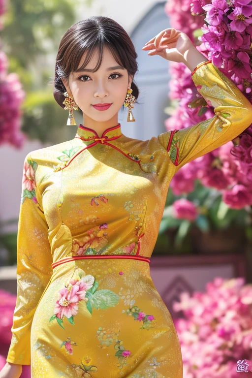 (Masterpiece、Top Quality、Top Quality、Official Art、Beautiful Beauty:1.2)、(1 Woman:1.3)、Soft Smile、Highly Detailed、(Fractal Art:1.1)、(Colorful:1.1)(Floral Pattern:1.3 )、Most detailed、(Tangled:1.2)、Beautiful face、Detailed face、Perfect proportions、Bomb breasts、Big chest thin waist、Navel、Big hips、Crotch gap、Thick and tight、(Dynamic pose)、(Abstract background:1.3) 、 (See-through cheongsam two-piece dress: 1.2)、(Glowing skin)、(Various colors: 1.4)、(Earrings: 1.4)、1 female