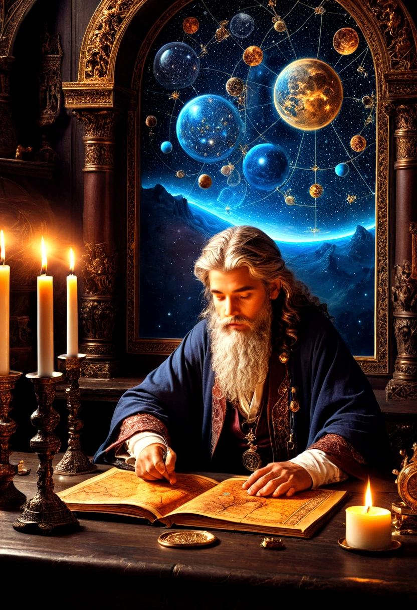 1boy, Astrologer, MAGIC: Ancient WIZARD reading a Map of the Constellations, telescope, candles, on a table, Epic cinematic brilliant stunning intricate meticulously detailed dramatic atmospheric maximalist digital matte painting, masterpiece, best quality, very aesthetic, absurdres