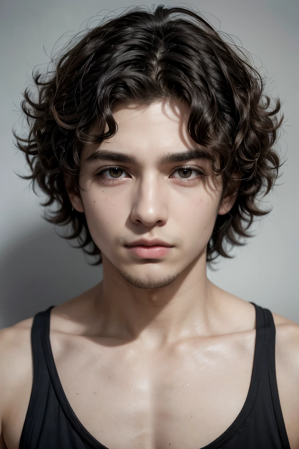 Realistic short curly hair brazilian boy, eyebrow piercing 