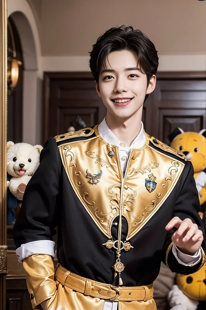 A handsome man in a gorgeously decorated room. highest quality, masterpiece, ultra high resolution 　Looking at me and smiling　Multiple cute stuffed animals with very emotional expressions　Smiling with wide open mouth