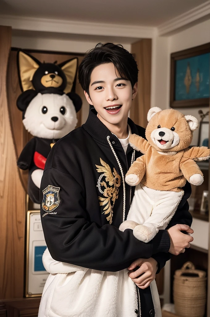 A handsome man in a gorgeously decorated room. highest quality, masterpiece, ultra high resolution Looking at me and smiling Multiple cute stuffed animals with very emotional expressions Smiling with wide open mouth