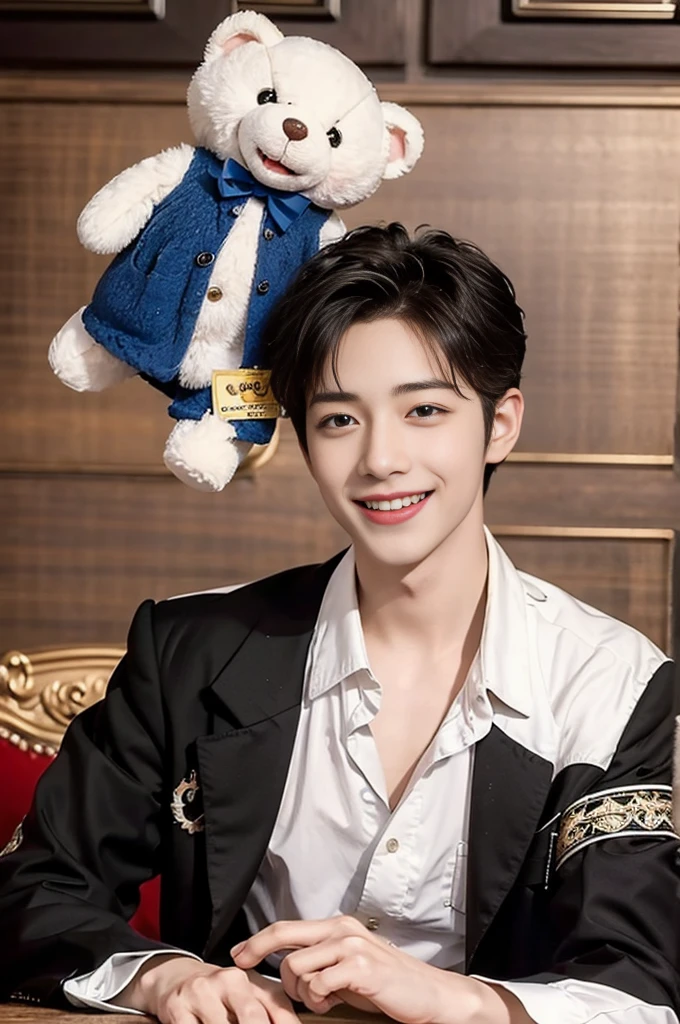 A handsome man in a gorgeously decorated room. highest quality, masterpiece, ultra high resolution Looking at me and smiling Multiple cute stuffed animals with very emotional expressions Smiling with wide open mouth