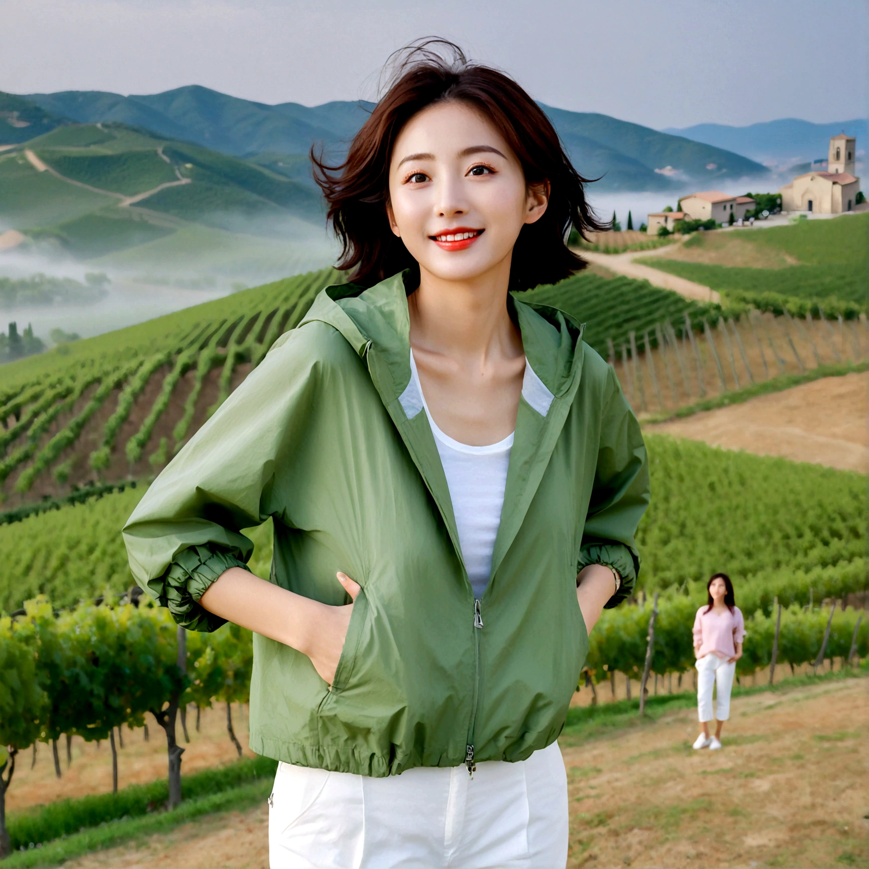k Best picture quality, Beautiful 36-year-old Korean woman, You have good skin and big and pretty eyes... clear and nice weather. Chest size 34 inches, italian countryside, past the vineyard, The cathedral can be seen in the distance in thick fog.., The back background is realistic and vivid quality., Short and medium hair blowing in the wind, Wearing a luxury windbreaker over a t-shirt. beige casual pants, I'm smiling. Standing on a hill overlooking vineyards. the background is clear, Short and slim Korean woman, stand far away, Photo taken with a wide-angle lens, One woman with big and pretty eyes, eyes are round and big