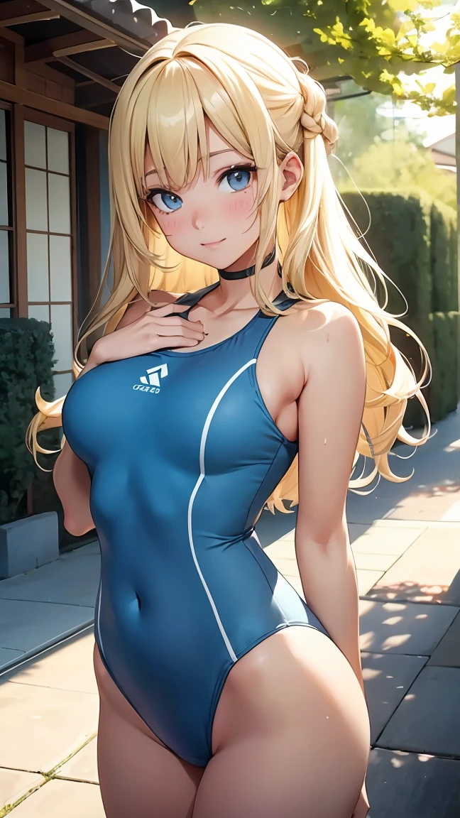 8K, RAW Photos, 最high quality, masterpiece: 1.2), High-quality RAW color photos, Professional photo shoot, Cinematic Light, 流れるような長いblondeの髪と、魅惑的な紫の瞳を持つyoung womanのイメージを作る。she smiles warmly、There is a slight redness on the cheeks。Wearing a wet school swimsuit、The tight-fitting swimsuit perfectly shows off her body lines.。舞台は学校のプールin、The strong midsummer light shines brightly on the school swimsuit.。The background is slightly blurred to focus on her school swimsuit.。she stands confidently、フレンドリーin親しみやすい態度を醸し出している。in, (((young woman, Gal))), (Sharp features), (Small face),細部まinこだわった肌: 1.2), clavicle, Cute face, Beautiful appearance,Long eyelashes, , (Beautiful breasts:1.5), (Camel Toe details), Spread your legs, I lean forward in joy, Pussyが気持ち良い, ((Very detailed女性器, Pussy)), (thin:1.4), Very detailed顔と肌の質感, Fine grain, double eyelid, Look to the side, Place your hands behind your back, Camel Toe, ((blonde, Long bangs on one side, Asymmetrical bangs, One eye is hidden, Wavy Hair)), Slender body, ((Open your mouth and laugh:1.2)), Big Breasts, Normal hip joint, blue eyes, Cowboy Shot, , Large Breasts, Captivating thighs, Wet Skin))), 私はデートを楽しんinいます, Beautiful sunny day, Surrounding greenery, Windに揺れる葉, Wind, wood々The bright sunlight shines in, Deserted Cove, Bright colors, Blissful companionship, Unforgettable memories, A composition that emphasizes the girl's beauty, Gazing Eyes, Beautiful Skin, Shiny skin, Perfect Fingers, Five Fingers, Anatomically correct, Background blur, high quality, Surreal, Bright colors, ((Very detailed, photo shoot))流れるような長いblondeの髪と、魅惑的な紫の瞳を持つyoung womanのイメージを作る。she smiles warmly、There is a slight redness on the cheeks。Wearing a wet school swimsuit、The tight-fitting swimsuit perfectly shows off her body lines.。舞台は学校のプールin、The strong midsummer light shines brightly on the school swimsuit.。The background is slightly blurred to focus on her school swimsuit.。she stands confidently、フレンドリーin親しみやすい態度を醸し出している。