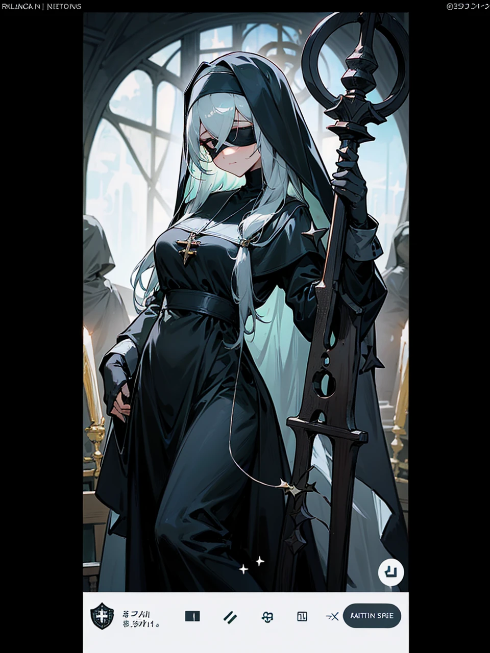 a nun with a blindfold and a modest black church nun outfit, with some silver jewelry, she also wears a long see through veil on her head, with a faded sliver star shaped halo at the back, she is holding her hands together symbolizing a prayer gesture.