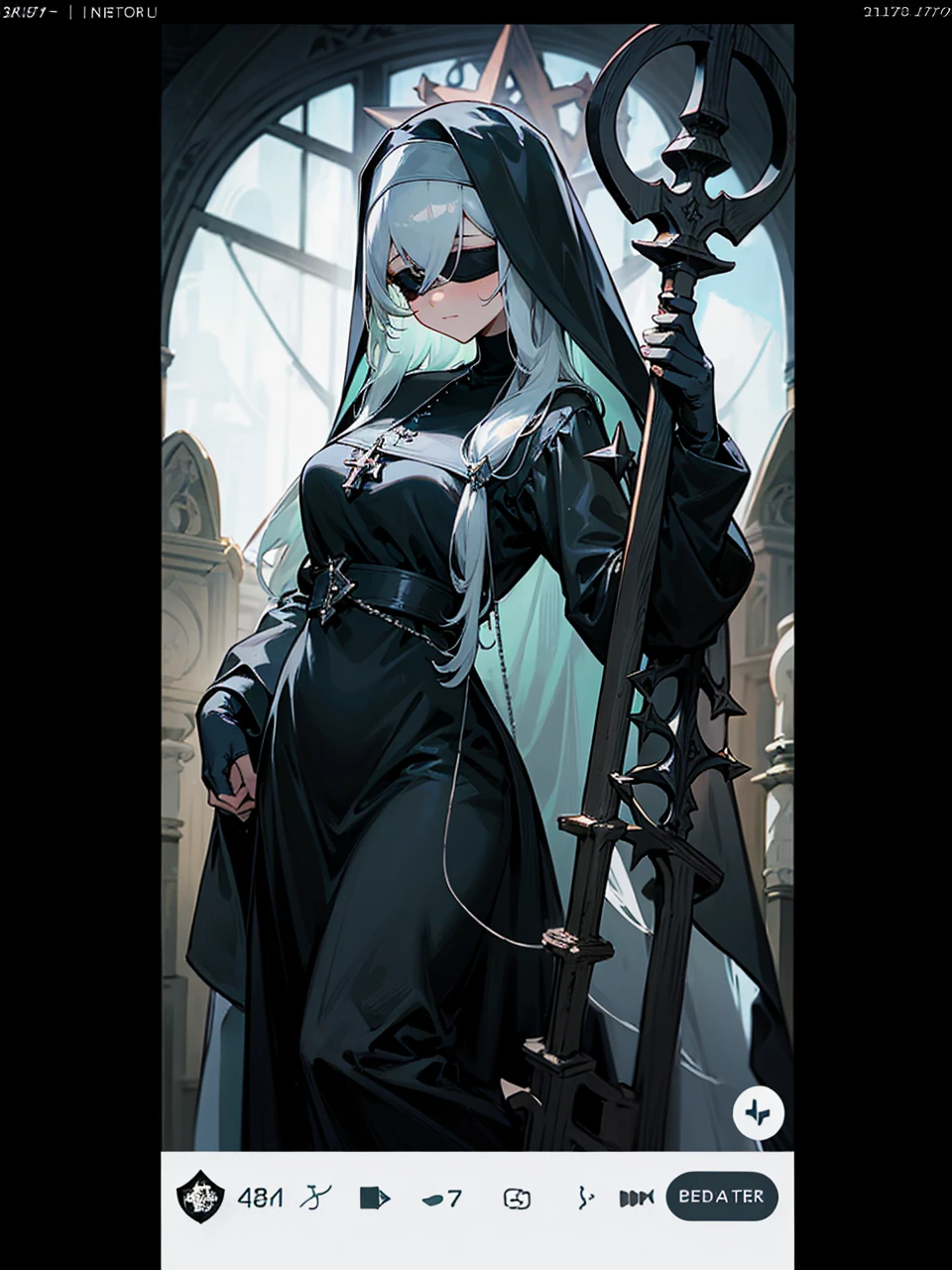 a nun with a blindfold and a modest black church nun outfit, with some silver jewelry, she also wears a long see through veil on her head, with a faded sliver star shaped halo at the back, she is holding her hands together symbolizing a prayer gesture.