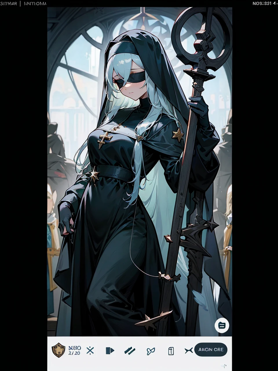 a nun with a blindfold and a modest black church nun outfit, with some silver jewelry, she also wears a long see through veil on her head, with a faded sliver star shaped halo at the back, she is holding her hands together symbolizing a prayer gesture.
