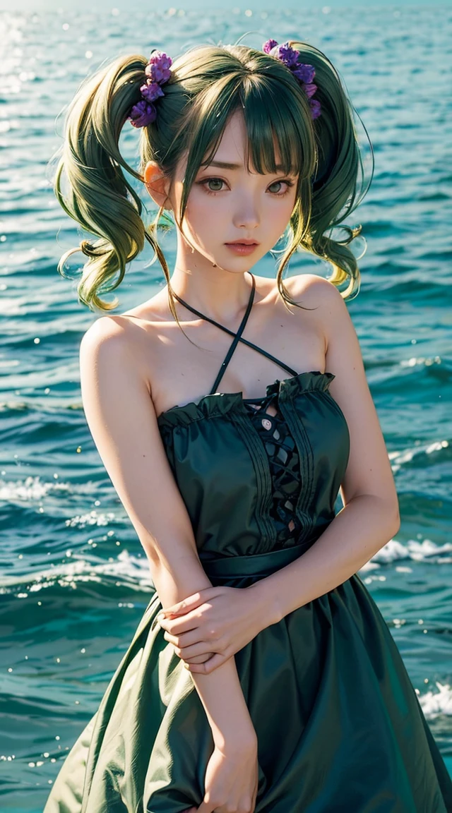 One girl, alone, hair ornaments, Green Hair, Twin tails, Long Hair, dress, water
