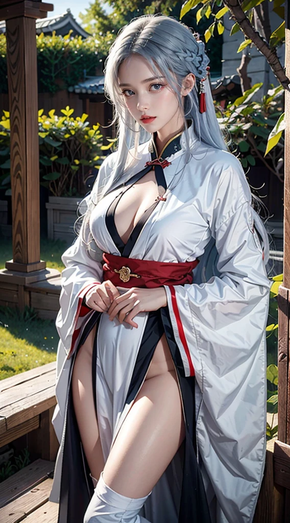 photorealistic, masterpiece, photorealistic, high resolution, soft light, hips up, blue eyes, red hanfu, white hair, long hair, Taoist robe,oversized clothes, jewelry