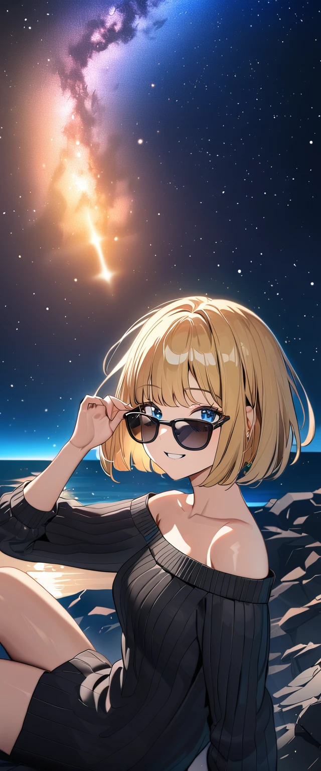 ((grin)), ((off-shoulder sweater:1.3, Quite thick shoulder straps)), ((black sweater)), ((blond hair, bob cut:1.3)), ((sunglasses, hand to sunglasses)), (((from side))), ((((upper body)))), ((Leaning to side)), (((a beautiful starry sky, the Milky Way shining beautifully in the night))), ((sitting on the very high cliff)), wavy hair, inward curled hair, ((sea, nature)), breasts, teenager, (looking at viewer), oversized clothes, puffy long sleeves, collarbone, head tilt:1.3, (((blue eyes))), happy smile, (((anime style))), (best quality, 4K, 8K, highres, masterpiece:1.2, ultra-detailed, ultra-detailed eyes, HDR, uhd, studio lighting, ultra-fine painting, sharp focus, physically-based rendering, extreme detail description, professional, vivid colors, bokeh)