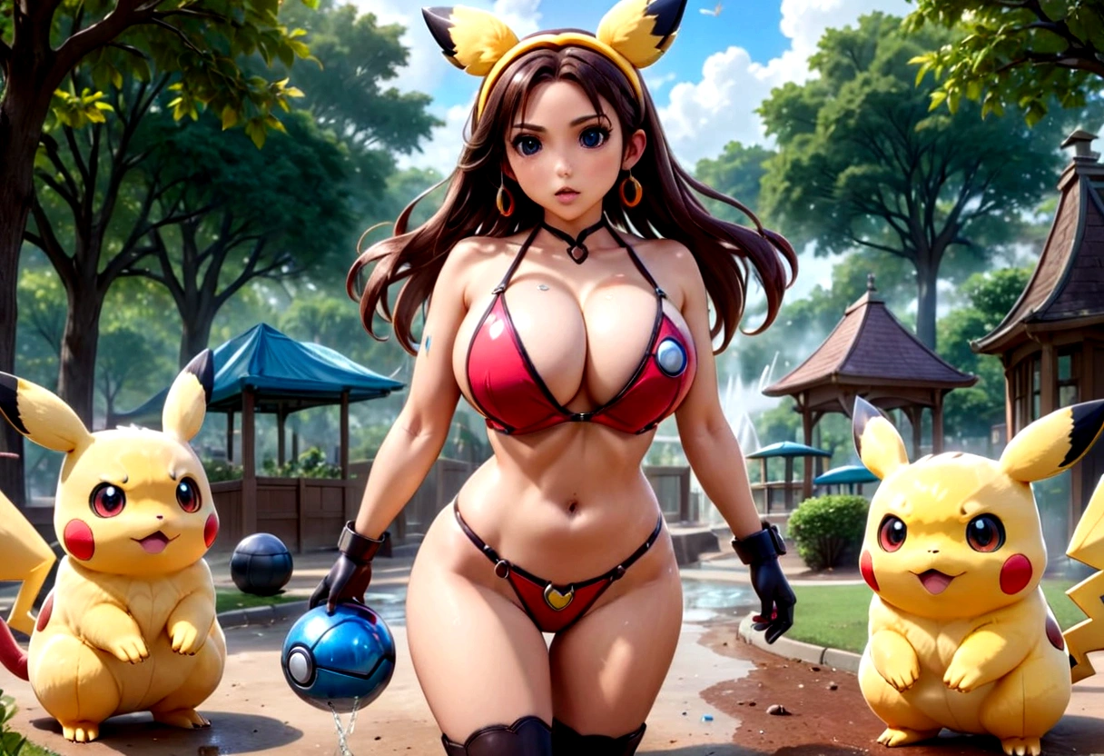 a gorgeous woman, mega busty, colorful bikini, enormous breasts, enormous breasts, enormous breasts, washing sports car, lewd pose, soapy water, photorealistic, 8k, hyperdetailed, vibrant colors, dynamic lighting, cinematic composition, glamour, sensual, erotic art (subject 1:cute woman pokemon trainer) determined look, has tossed a pokeball which releases (subject 2: woman, hourglass figure, large breasts , pokemon themed lingerie, in pokemon boots and ears, confused and embarrassed, attempting to hand bra) crowded park in daytime, (best quality,4k,8k,highres,masterpiece:1.2),ultra-detailed,(realistic,photorealistic,photo-realistic:1.37),8k, hyperrealistic, extremely detailed, highly detailed, intricate details, soft lighting, vibrant colors, warm palette, dynamic composition, cinematic lighting, depth of field, stunning visuals, striking pose, photorealistic, professional quality, digital art, 3D render, concept art, fantasy, magical realism, whimsical, playful, humorous