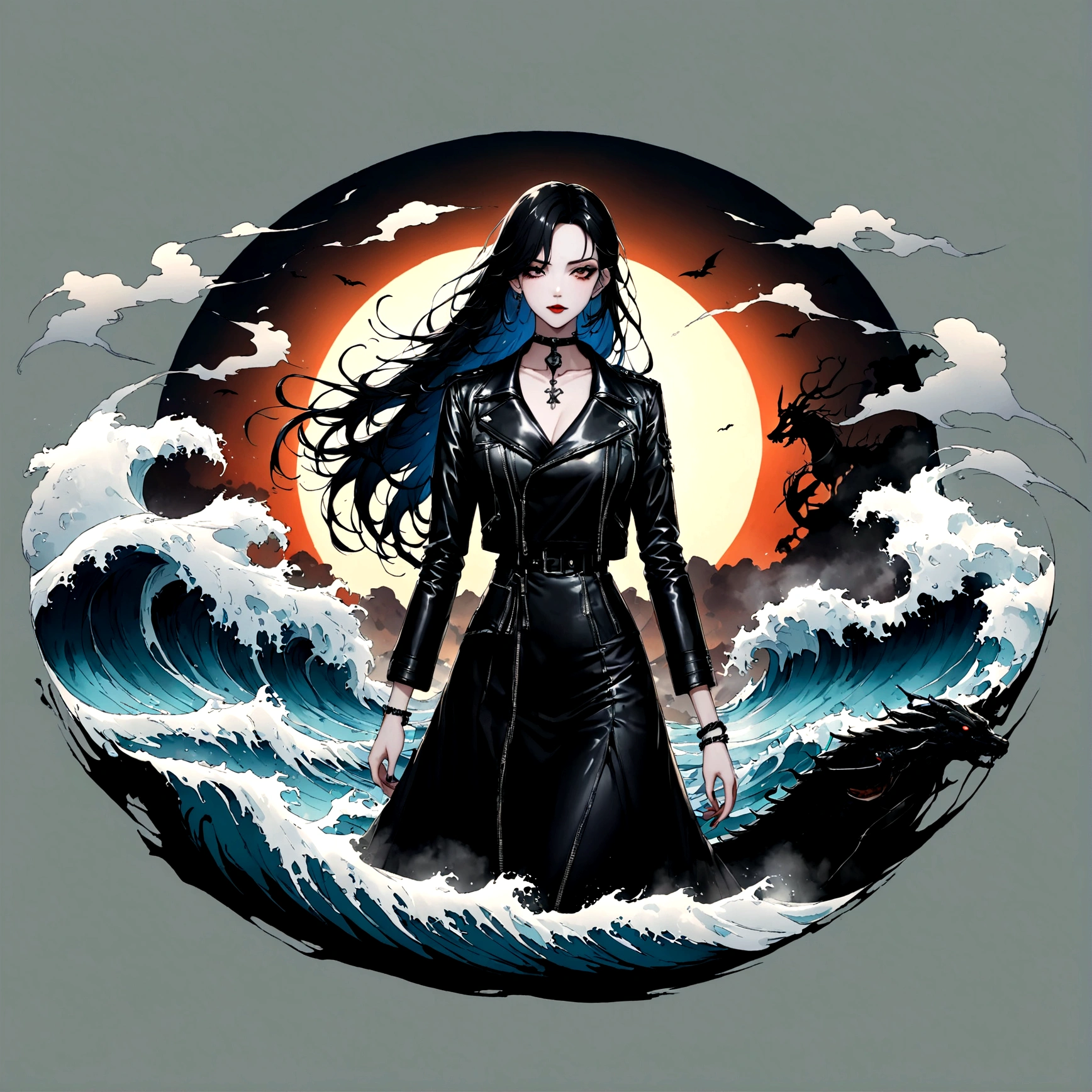 Wabu style, Luminescence, robe,  (FOG,:1.2)  (mist:1.2), smokes, 由白色光组成of女子,  woman composed of black smokes, fire, sun, (Reality:1.4), Cowboy shooting, angle, Fisheye, Motion Blur, Sexy, Girl,blue fire, rain, Long hair fluttering in the wind, dragon, Waves, 当你见到我时最灿烂of笑容、可爱of emo 女人, 漫长of黑暗 (白色和黑色of头发), Punk Rock Lolita, Waist Up Portrait, Full body portrait, fashion photography, long wavy 白色和黑色of头发, ((Long black leather jacket)), Perfect face, ((Full body portrait)) No background, Ultra-high definition teeth beauty, 逼真of手, Stone_of_Matera background, 马泰拉of广角景观