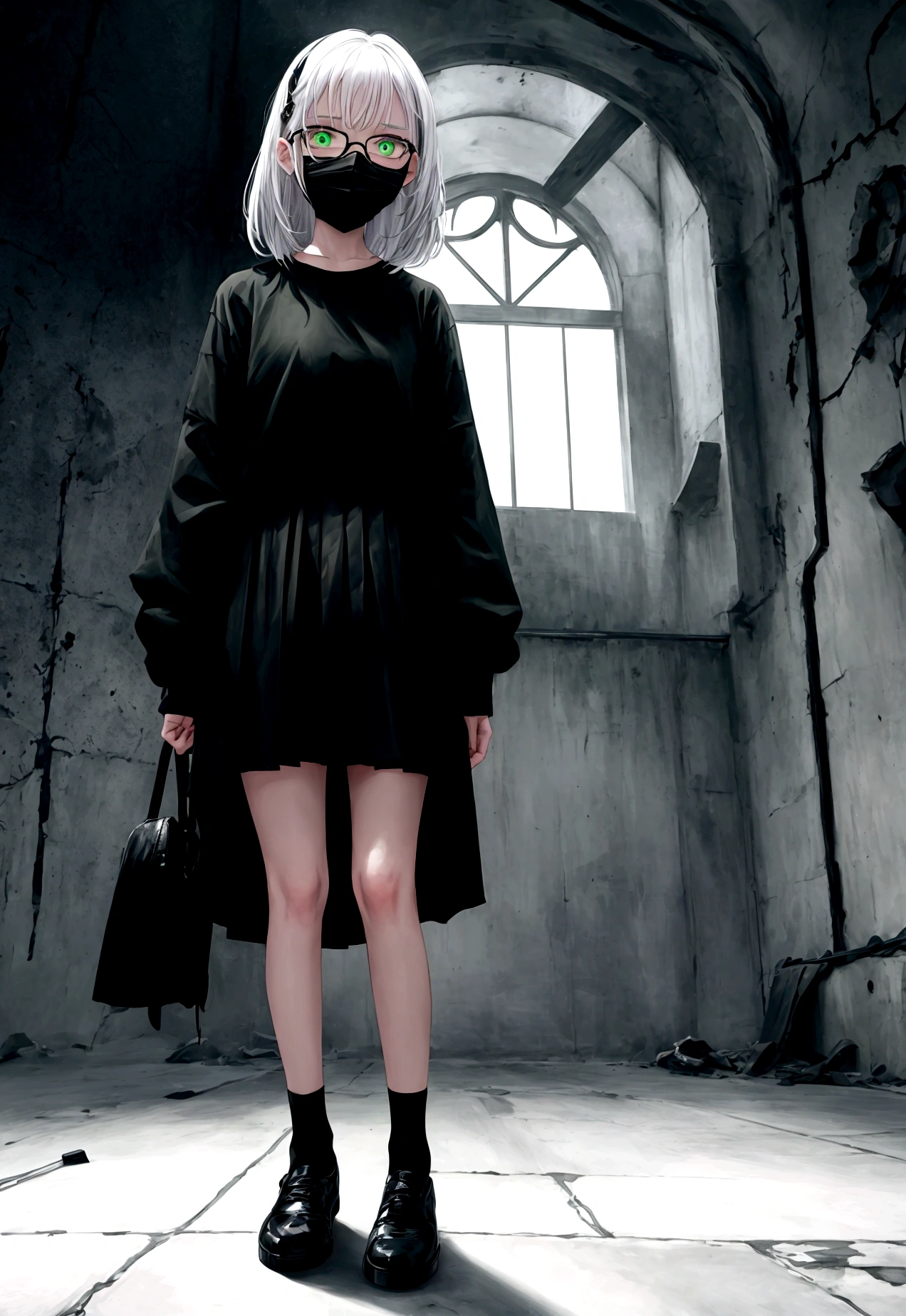 1girl, looking away, glowing eyes, green eyes, hand on own cheek, black t-shirt, black skirt, black socks, white and black shoes, dark and blue background, small hair, white hair, medium , full body, head phone, sharp fingernails, read fingernails, scary, mouth mask, wearing glasses, dark mirror, white full mon, some blood on the ground,