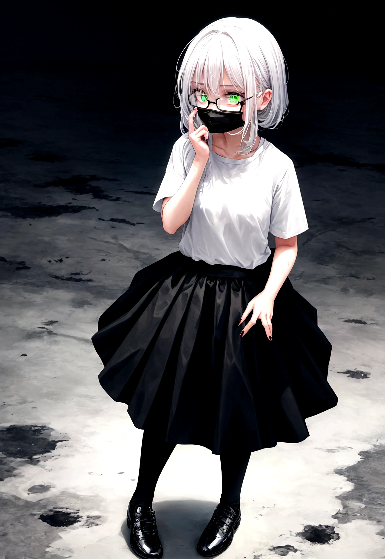 1girl, looking away, glowing eyes, green eyes, hand on own cheek, black t-shirt, black skirt, black socks, white and black shoes, dark and blue background, small hair, white hair, medium , full body, head phone, sharp fingernails, read fingernails, scary, mouth mask, wearing glasses, dark mirror, white full mon, some blood on the ground,