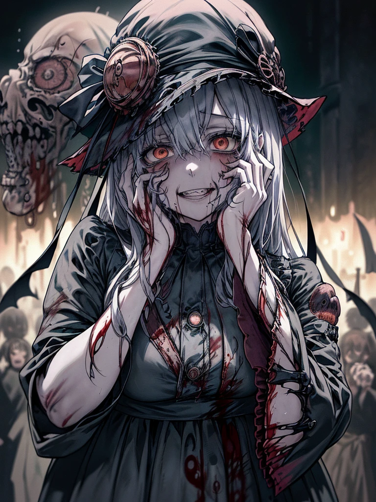 死んだ腐ったBloodに飢えた邪悪なzombie, Girl Venom, 黒い共bornborn物が付着している, Bloodまみれの, Evil look, Psychopathic, Torn clothes, Torn costume, sexy, reveal, Combat Stance, Very detailed, Vibrant appearance, Creative Action, Very detailed, Imaginative, Sensual, Voluntary, Small breasts, sexy, reveal, Highest quality, skinの質感, Intricate details, (Highest quality, masterpiece, 超High resolution), (8k wallpaper, High resolution, High resolution, born), (credibility: 1.4), (whole bodyショット), One girl, ((Anime Girls)),,(Bloodしぶき:1.6), ((Fantasy Witch Costume)), ((Flowing white hair)), ,(Bloodしぶき:1.6),Female curves, Large Breasts, Thick thighs, sexyな平らなお腹, 完璧なhand, 完璧なアニメのface, ((dark lolita dress)), Are standing, ((Wicked Smile)), ,(Bloodしぶき:1.6),In the Victorian city, gaslight, Steam circulates, Moonlight Illumination, night間照明, A sky filled with stars and galaxies,disaster々new devil horns,,(Bloodしぶき:1.6),アニメzombie魔女デザイン, ねじれた笑face、Bloodまみれの、頭からの出Blood、Bloodしぶき、,(Bloodしぶき:1.6),Crossbones, skull, Streetwear Design, Provector, Horror Style, Full Design, Huge breasts, Very detailed, Realistic, Dark fantasy, Gloomy atmosphere, Intricate details, Crazy Smile, 狂ったeye, A cute and luxurious hair band,(masterpiece:1.2, Highest quality), Scary atmosphere、Distorted facial expressions、Horror Art、Bloodの雨、Bloodを流す、Bloodしぶき,(Bloodしぶき:1.6),悪魔のeye、redいeye、scar、火scar、whole body、Torn hair of a woman dressed in slave clothing、（Long Hair）、（eyeにかかる長さの前髪）、Black Hair、（（（eyeの下のクマ）））、青白いskin、Feeling unwell、Pathological、邪悪な笑face、狂ったeye、（Grin）Dramatic makeup，Create mixed media art、,Horror 1 Girl, Open_mouth, , red_eye, Blood, Tilt_red_skin, Injury, Blood_in addition_face, Bandaged_arm, Blood_in addition_zombie, Blood_in addition_hand　, Open your eyelids wide, The trend is all, mouthを大きくOpen, mouthを開けてteethをむき出しにする,獣のような鋭いteeth, Wide lips, 非常に広いmouth, Vermilion cheeks, blonde, ,(Bloodしぶき:1.6),Princess Cut, Ribbon hair ornament, brooch, Otaku Room, Well-built body, Nice body, Ample breasts, Thick body,eyeを大きく開いて、Scary atmosphere、Distorted facial expressions、ねじれた笑face、Bloodまみれの、頭からの出Blood、Bloodしぶき、whole body、,(Bloodしぶき:1.6),Long Hair、Long bangs、Well-built,Broad shoulders,I focus,(face),Messy Hair,いeye,(光るeye),red信号,笑face,big 笑face,teeth,psycho 笑face,gesugao,Dark city background,darkness,night,(close),良いeye, 良いteeth,サディスティックな笑face,,all,光沢のあるskin,詳細なface,Beautiful body,　mouthからの白い息　Luxurious lace long gloves