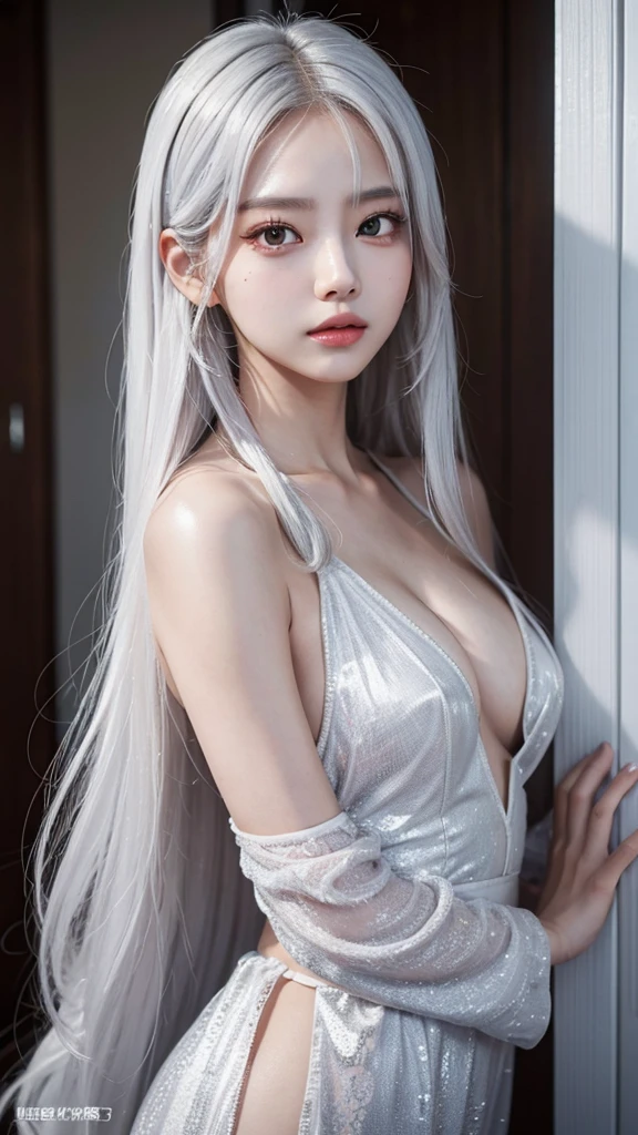 TWICE tzuyu, Attractive woman, silvery white hair, long hair, sex appeal, lustrous look, narrow eyes, small face, tall, slanted eyes, fair breasts