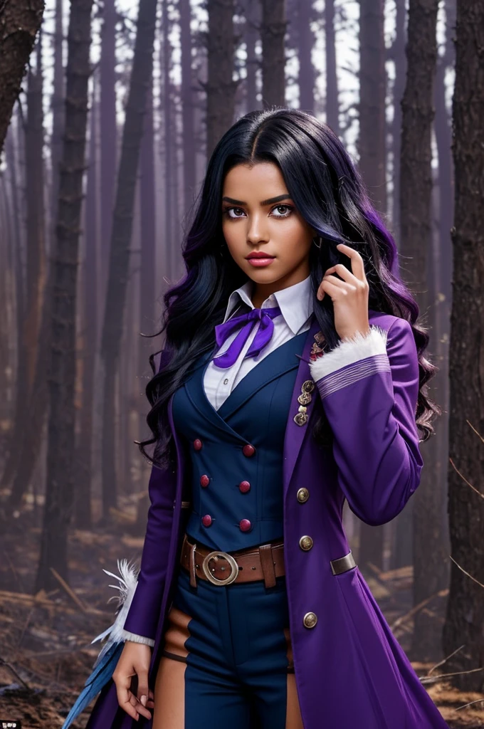 Styled Boku no hero academia A girl with long curly black hair and slanted purple eyes tanned brown skin and red lips dressed in a purple indigenous tunic that looked like a tailcoat full of blue and purple feathers In a desolate forest using purple magic in her hands 

(detailed)(beautiful eyes)