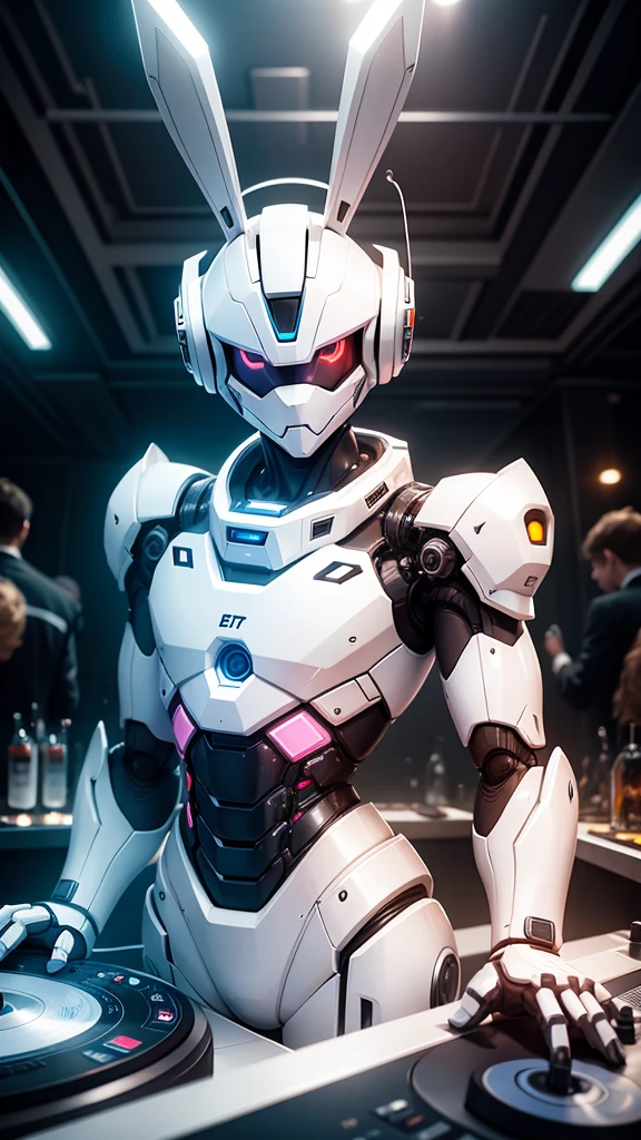 robot rabbit, White color, male gender, portrait photo style, non-human, in a club, playing on a turntable,