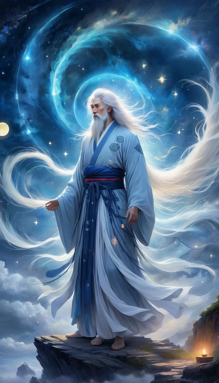 Chinese Mythology，Oriental Fortune Teller，Daofeng fairy bone，Master，The old man stands on the cliff and looks up at the starry sky with long white hair，Back silhouette，White loose Hanfu robe，Look up at the stars，(((Galaxy Tai Chi Bagua Diagram，Magic Circle，Runes，artistic conception，Array，Runes，Luminescence)))，dream,，
