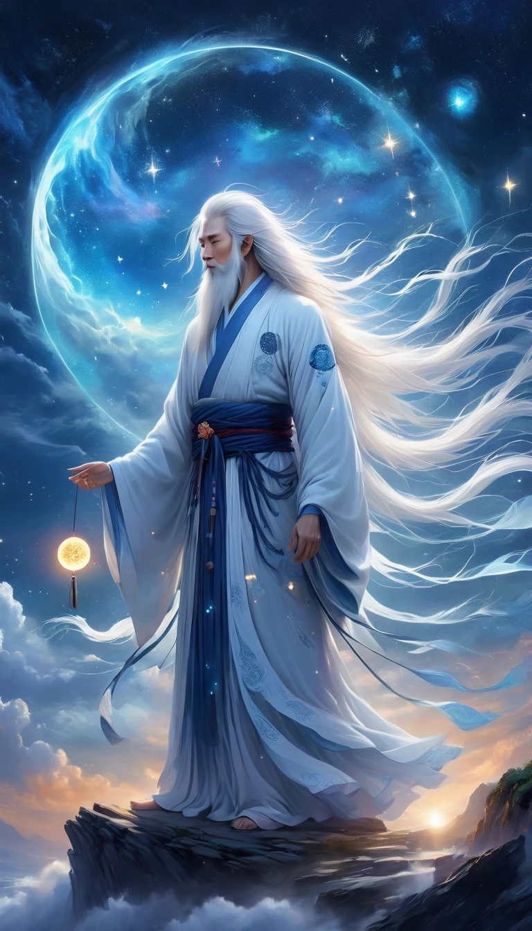Chinese Mythology,Oriental Fortune Teller,Daofeng fairy bone,Master,The old man stands on the cliff and looks up at the starry sky with long white hair,Back silhouette,White loose Hanfu robe,Look up at the stars,(((Galaxy Tai Chi Bagua Diagram,Magic Circle,Runes,artistic conception,Array,Runes,Luminescence))),dream,,