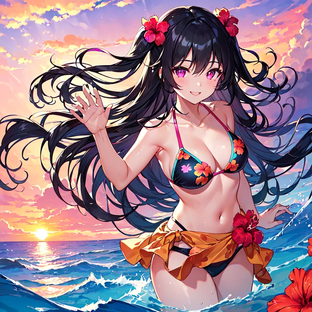 masterpiece, best quality, high quality, extremely detailed, very delicate and beautiful, (1 female 18 years old solo:1.5), (long black hair up to waist with two side up:1.5), bangs to eyebrows, eyes (eyes sharp, strong glossy glossy eyes, eyebrows glossy, (eye color magenta:1.3), 6.5 head height, (bikini swimsuit with hibiscus print:1.3), (floating on back in sea), (smiling), (dynamic pose), (background tropical sea:1.3), (sunset: 1.3)