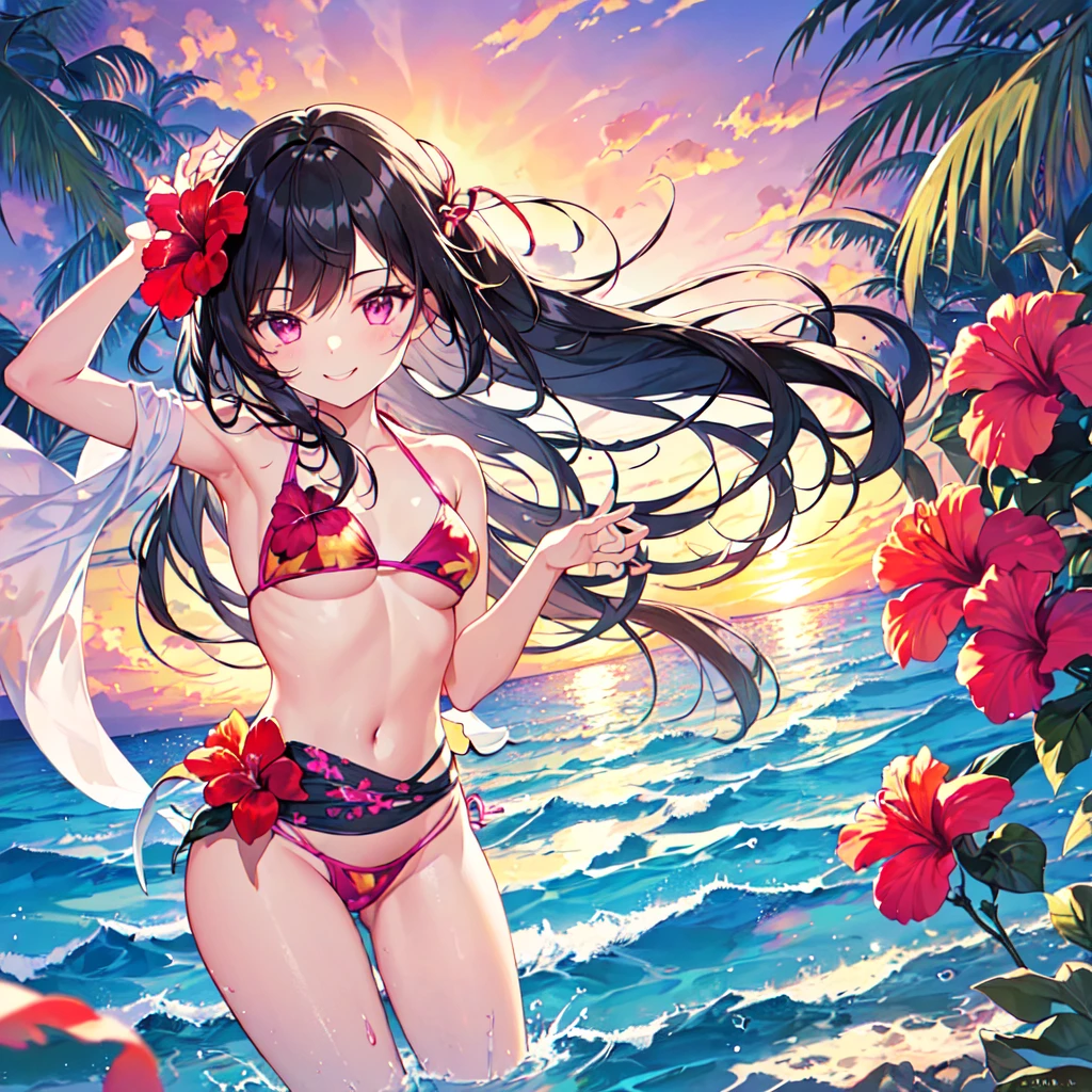 masterpiece, best quality, high quality, extremely detailed, very delicate and beautiful, (1 female 18 years old solo:1.5), (long black hair up to waist with two side up:1.5), bangs to eyebrows, eyes (eyes sharp, strong glossy glossy eyes, eyebrows glossy, (eye color magenta:1.3), 6.5 head height, (bikini swimsuit with hibiscus print:1.3), (floating on back in sea), (smiling), (dynamic pose), (background tropical sea:1.3), (sunset: 1.3)