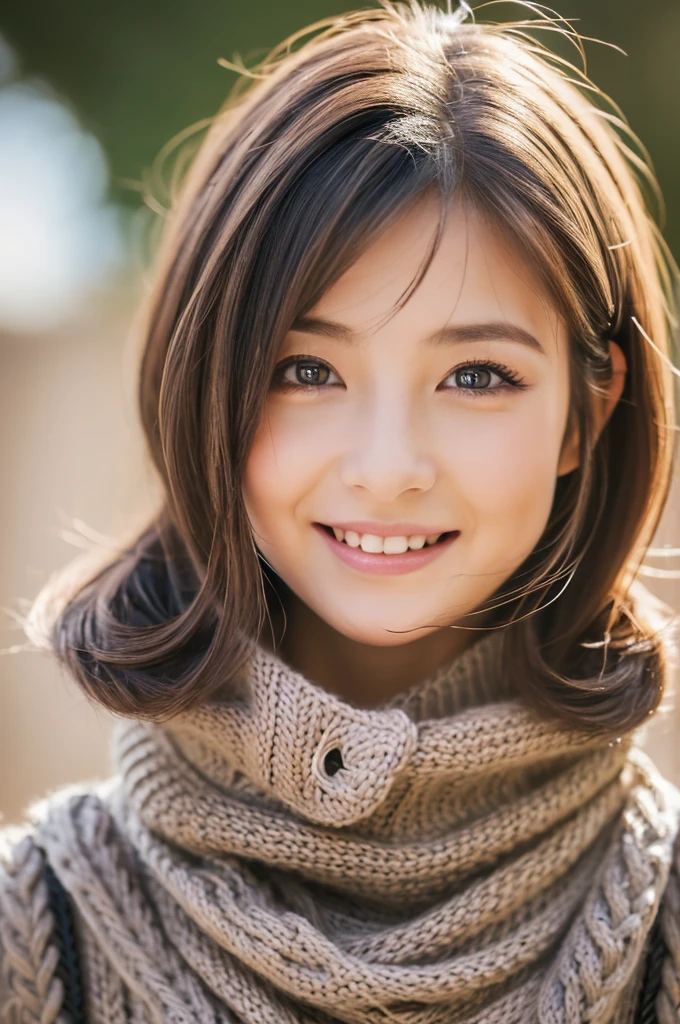 ((Best quality, 8k, Masterpiece :1.3)), girl, Pretty woman with slender, Huge breasts,Short Hair,Chuckle Smile,Cable-knit Sweater,Ultra-detailed face, cute eyes, Double eyelid,Profile