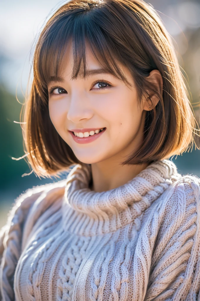 ((Best quality, 8k, Masterpiece :1.3)), girl, Pretty woman with slender, Huge breasts,Short Hair,Chuckle Smile,Cable-knit Sweater,Ultra-detailed face, cute eyes, Double eyelid,Profile
