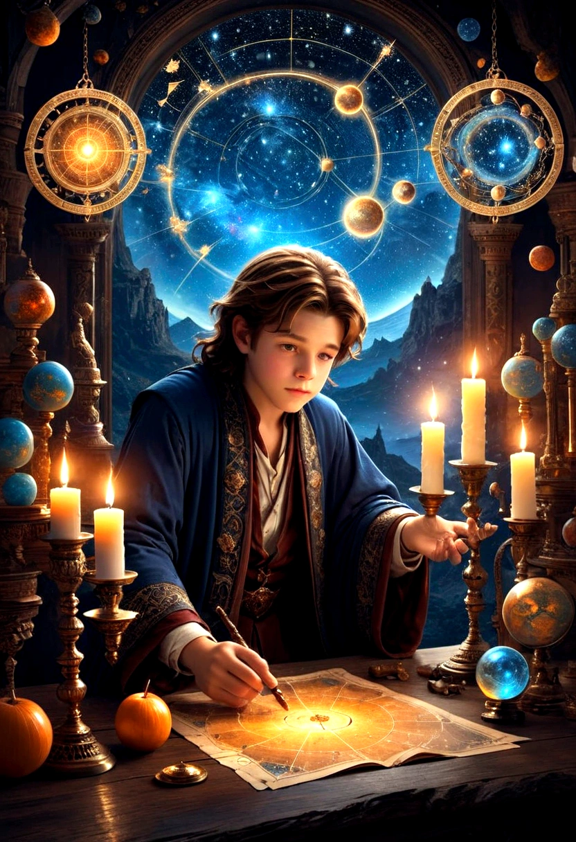 1boy, Astrologer, MAGIC: Ancient WIZARD reading a Map of the Constellations, telescope, candles, on a table, Epic cinematic brilliant stunning intricate meticulously detailed dramatic atmospheric maximalist digital matte painting, masterpiece, best quality, very aesthetic, absurdres