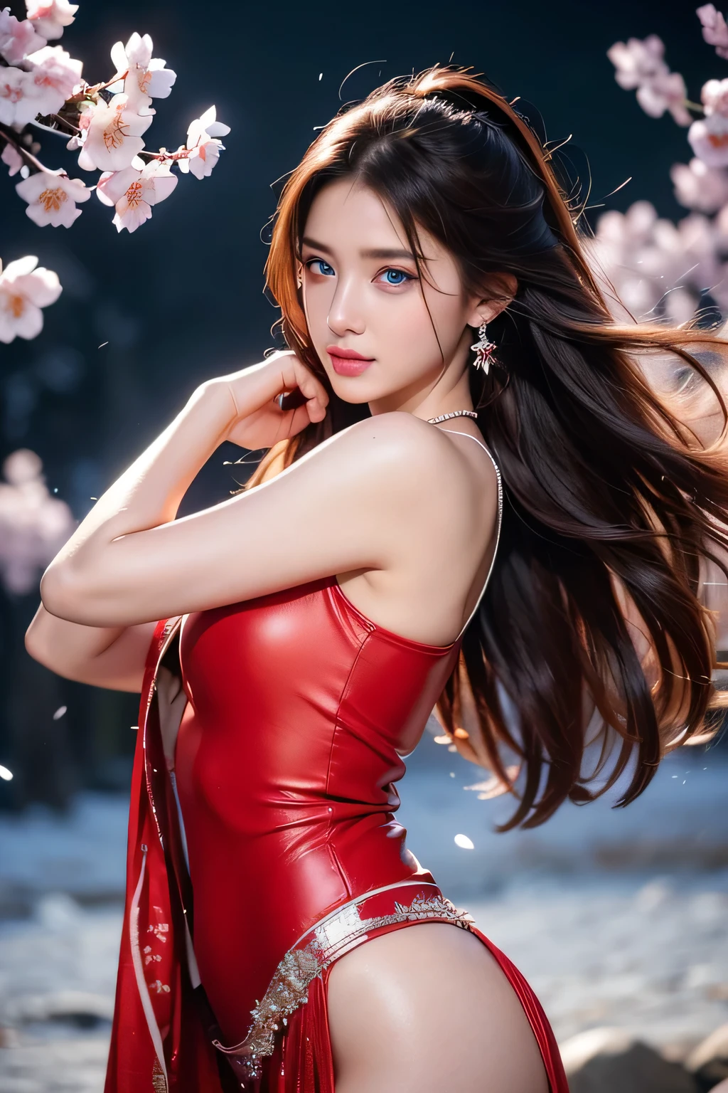 High-quality work,Realistic works,Super premium graphics,8K HD CG works,high quality graphics,High-definition and exquisite CG works,10x pixels,Ultra-fine details:1.1,Advanced technical details:1.1Realistic photo effects,Interior lighting effects:1.5,natural soft light:1.5. Light effect(Virtual light effects:1.8),ultra high resolution,shining dress,sliver long hair,silber hair,transparenthair,high detailed hair(Quality hair details:1.1)Clear eyes,Double eyelids look good,Sharp eye makeup, Create exquisite eyelash makeup, tthin eyebrows, Ultra-detailed eyes,a tall nose, lovely red lips, rosey cheeks, With delicate makeup on her face , pretty face, The face shape is perfectly proportioned,(Advanced facial details:1.1) Narrative poem, particle effects, dynamic effects, written boundary depth, cinematic light, Lens flare, ray tracing)), fantasy, ((1 beautiful woman, clear blue eyes, red long hair, beautiful face, real face, beautiful detailed eyes, beautiful skin, woman dancing gracefully:1.7, woman dancing gracefully:1.7)), 長い髪がwindでなびく, long hair bounces, 長い髪がwindで踊る, hair jump, halter neck, red leather pants, red leather jacket, red bodysuit, silver earrings, ((night, wind, darkness, moon light, full moon, Night Sky, wind, cherry blossoms, cherry blossomsの花びらが舞っている, cherry blossoms snowstorm, falling petals, flying petals)), hip up,Women's artwork,Dress full body video,Realism,Amazing Cleavage,My eyes are very bright today