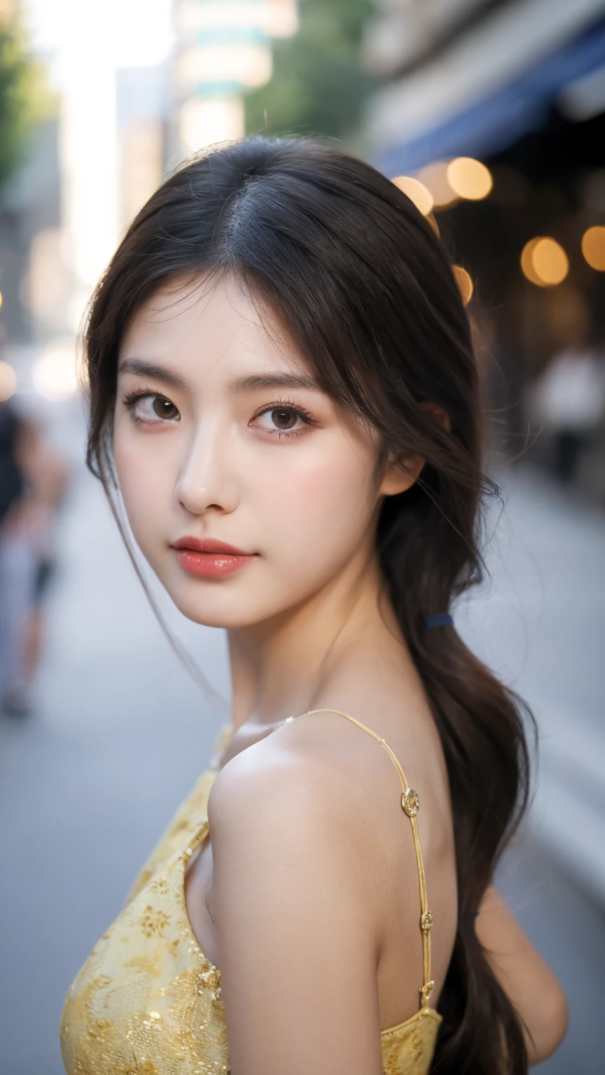 ((Best quality, 8K, masterpiece:1.3)),1girl,18 years old,Asian,Real texture:1.3,(Background blur:1.1),Dress Up,Tall and slender figure:1.2,(Hot summer weather),(street:1.3),Highly detailed face and skin textures,Exquisite eyes,Long eyelashes,Double eyelids,Skin Whitening,happy,Various postures,Big breasts