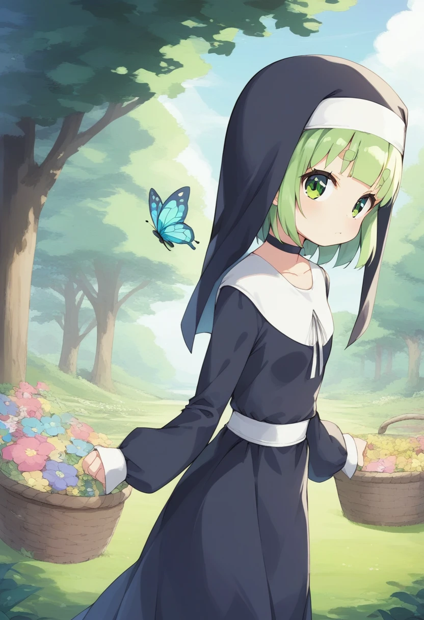 score_9, ,score_7_up, score_6_up, 1girl, source_cartoon, source_anime,breathtalking Scenery,watercolor,smooth soft skin, natural skin,anime screencap,mjm,Bfg
BREAK
(loli:1.4),(little female child:1.4), small breast,cute face, (loli toddler:1.1), 6 yo,kawaii, (highlight on eyes), (jiggly:0.8), shiny skin,
BREAK
(medium green hair:1.3),(green maro eyebrows:1.6),pouty and slightly grumpy,(pout:1.2), ::(, (jitome),(frown:0.6),white streaked hair, green eyes,
BREAK
(Floral print nun dress:1.1), (pastel veil:1.2),choker,nun,butterfly sleeves, excessive detailed collarbone,exposed collarbone, dynamicangle,dynamicpose,shining stained glass,bloom effect,
BREAK
(hanging out the laundry:1.3),(Clothes are drying:1.2),(from side,:1.2 ),laundry,cowboy shot,looking at viewer,flower garden,grass,nature,countryside,pastelcolor,