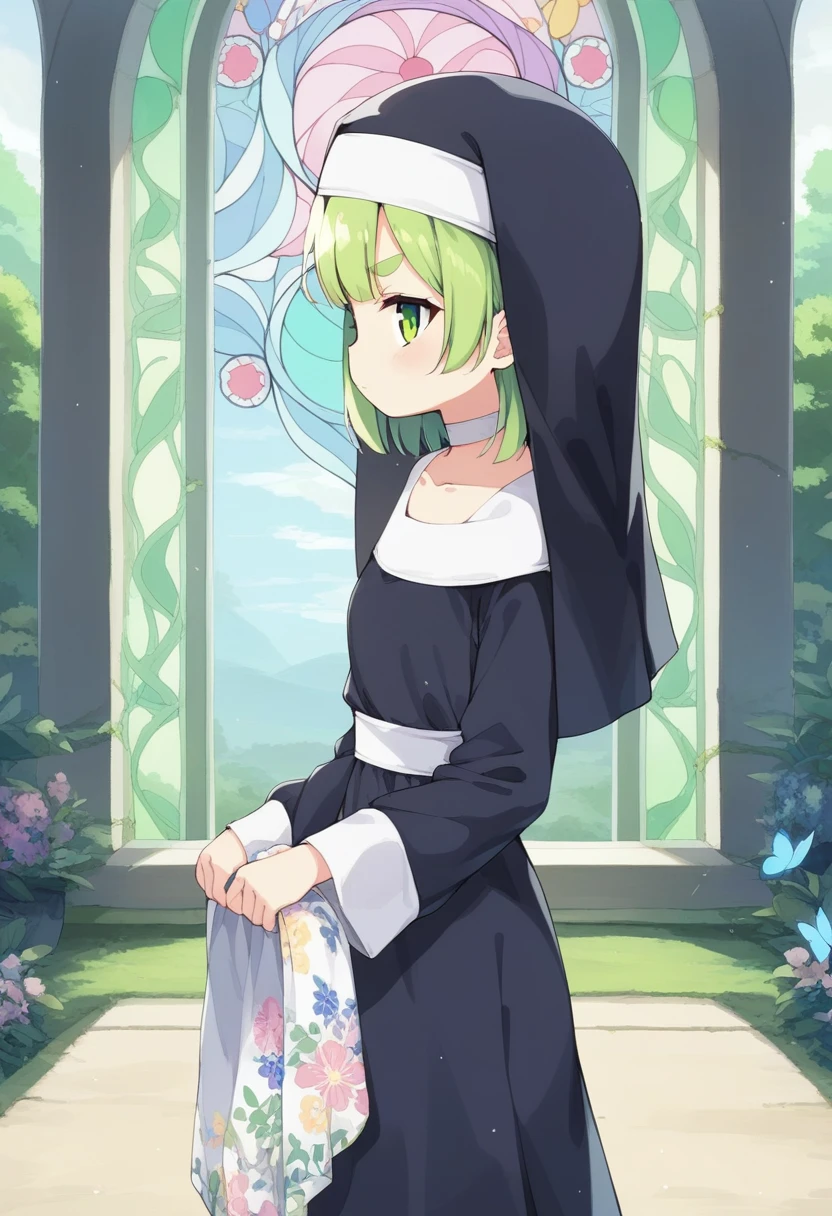 score_9, ,score_7_up, score_6_up, 1girl, source_cartoon, source_anime,breathtalking Scenery,watercolor,smooth soft skin, natural skin,anime screencap,mjm,Bfg 
BREAK 
(loli:1.4),(little female child:1.4), small breast,cute face, (loli toddler:1.1), 6 yo,kawaii, (highlight on eyes), (jiggly:0.8), shiny skin,
BREAK 
(medium green hair:1.3),(green maro eyebrows:1.6),pouty and slightly grumpy,(pout:1.2), ::(, (jitome),(frown:0.6),white streaked hair, green eyes, 
BREAK 
(Floral print nun dress:1.1), (pastel veil:1.2),choker,nun,butterfly sleeves, excessive detailed collarbone,exposed collarbone, dynamicangle,dynamicpose,shining stained glass,bloom effect,
BREAK
(hanging out the laundry:1.3),(Clothes are drying:1.2),(from side,:1.2 ),laundry,cowboy shot,looking at viewer,flower garden,grass,nature,countryside,pastelcolor,
