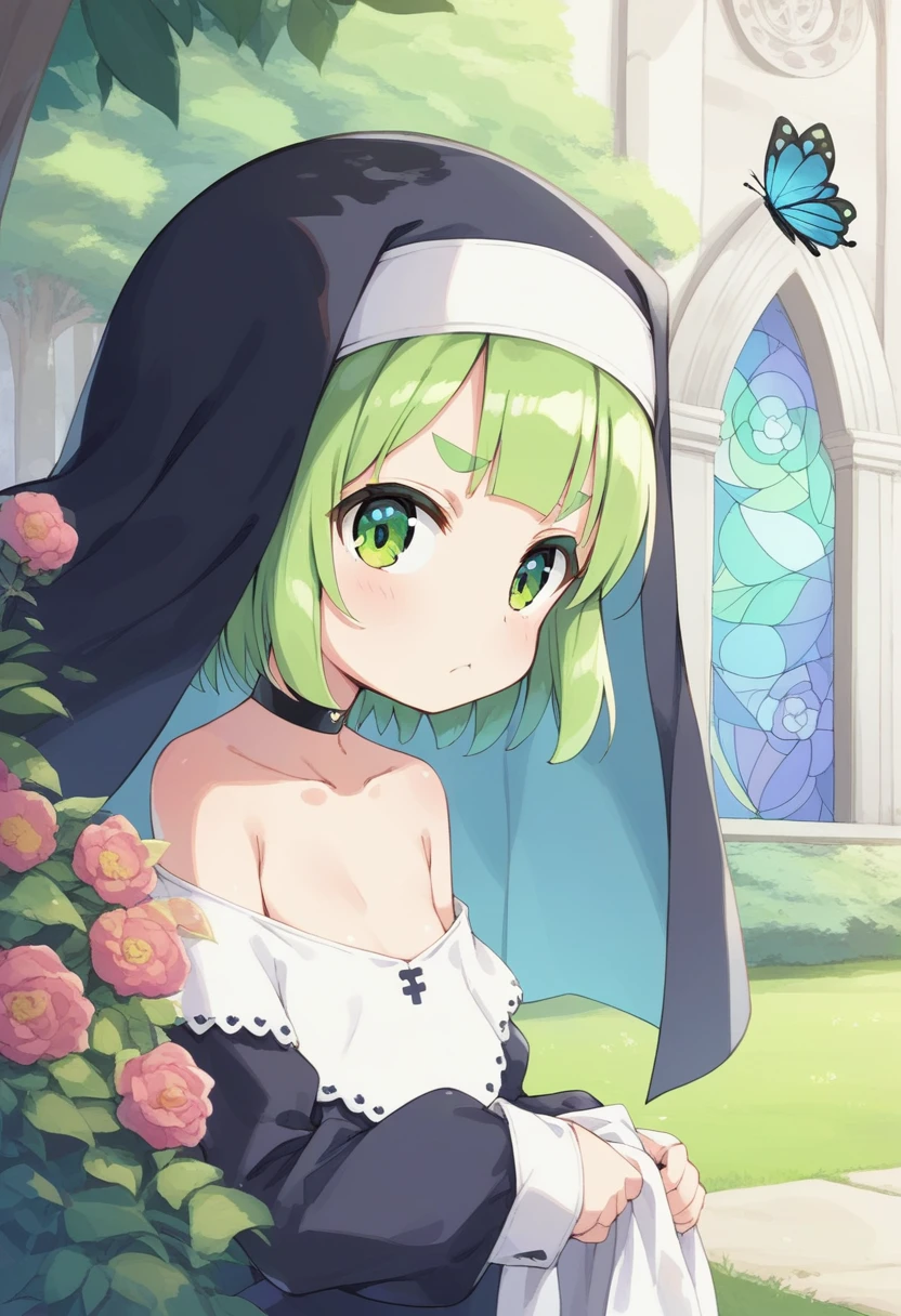 score_9, ,score_7_up, score_6_up, 1girl, source_cartoon, source_anime,breathtalking Scenery,watercolor,smooth soft skin, natural skin,anime screencap,mjm,Bfg 
BREAK 
(loli:1.4),(little female child:1.4), small breast,cute face, (loli toddler:1.1), 6 yo,kawaii, (highlight on eyes), (jiggly:0.8), shiny skin,
BREAK 
(medium green hair:1.3),(green maro eyebrows:1.6),pouty and slightly grumpy,(pout:1.2), ::(, (jitome),(frown:0.6),white streaked hair, green eyes, 
BREAK 
(Floral print nun dress:1.1), (pastel veil:1.2),choker,nun,butterfly sleeves, excessive detailed collarbone,exposed collarbone, dynamicangle,dynamicpose,shining stained glass,bloom effect,
BREAK
(hanging out the laundry:1.3),(Clothes are drying:1.2),(from side,:1.2 ),laundry,cowboy shot,looking at viewer,flower garden,grass,nature,countryside,pastelcolor,