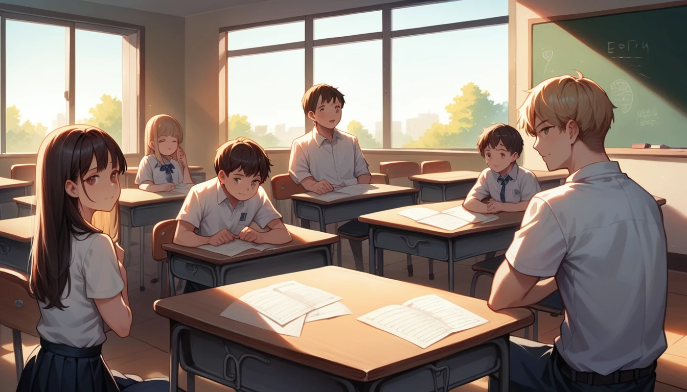 MULTIPLE Elementary School Students, Group photo, 3+girl,4+boy, study, detailed , View the viewer, Highest quality, employment, detailed background, Beautiful lighting, classroom