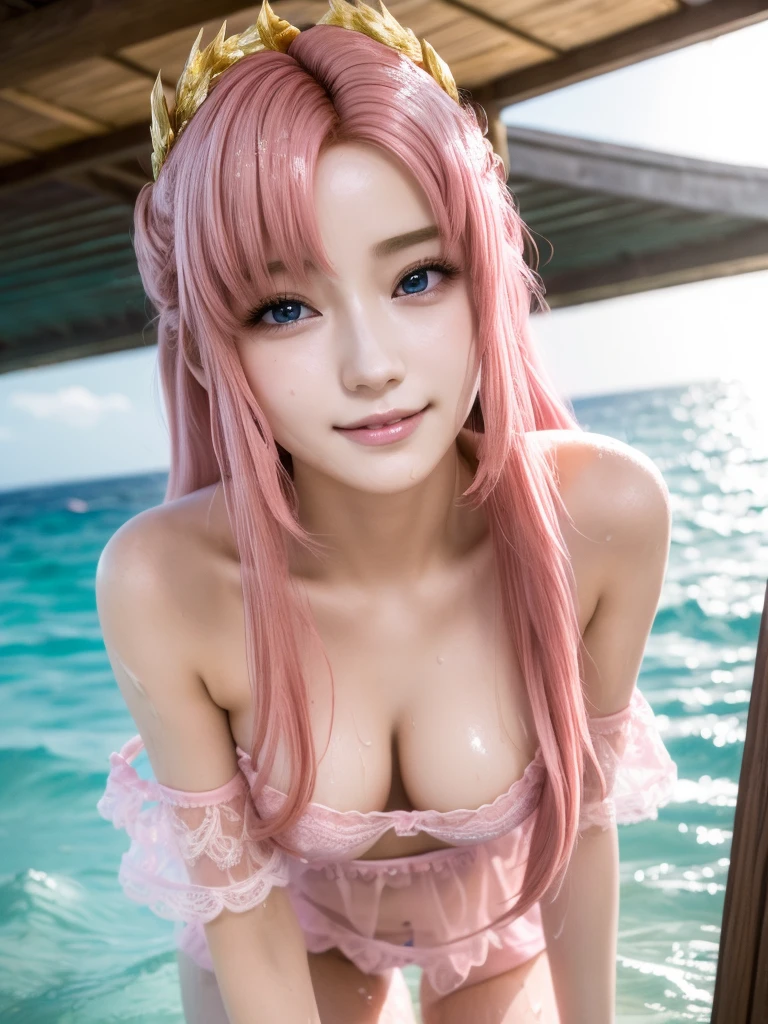 (Highest quality、4K、8K, masterpiece:1.3), Ultra detailed face, Detailed lips, Detailed eyes, double eyelid,
BREAK,
(Encouraging smile:1.3), (Seductive pose:1.5), (dynamic pose:1.3), dynamic angle,
BREAK,
1girl, 20 years old, Generous Breasts, Plump shape,
BREAK,
lacus clyne, (purple eyes:1.1), hair ornament, long hair, wave hair ornament, (pink hair:1.3),
(wet hair:1.2), (wet skin:1.2),
BREAK,
(Golden hair ornament), (Wet:1.5), Off-the-shoulder sheer nightie with matching garter belt,
BREAK,
outdoor, (((in the sea))),