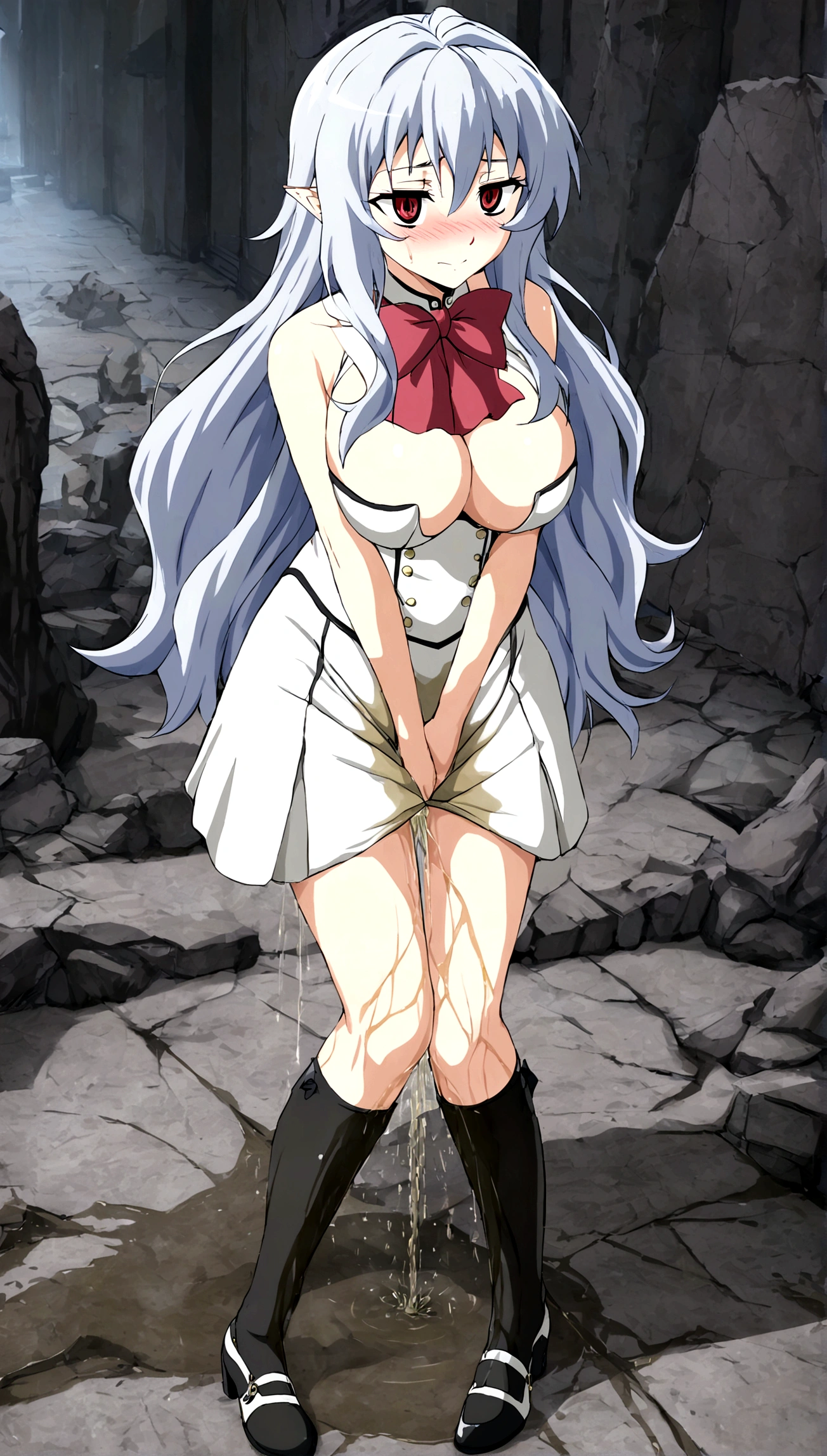Anime. Owari no Seraph. 1 Girl. Dear . A vampire. Progenitor Clumsy. Silver hair. Wavy hair. Long hair. Red eyes. Beautiful eyes. Perfect eyes. Expressive eyes. Ideal face. Perfect body. Beautiful long ones. legs. Beautiful nose. 18 years. Big breasts. Standing. Full length Beautiful character design. Shiny skin. Pointy ears. White dress. Vampire uniform dress from
Owari no Seraph. Black stockings. Heeled shoes. Urinary incontinence. She wants to pee. She needs to pee. She has a strong, desperate urge to pee. Hand on crotch. He squeezes his crotch tightly. Rubs the crotch. The girl can't stand straight. Knees together, feet apart. She peed herself. Urine runs down my thighs. Ruins of Tokyo. Full body. NSWF. Official art. Extremely detailed CG Unity 8k wallpaper. Ideal lighting. Ultra high resolution 4K. Super detailed 8K. A high resolution.