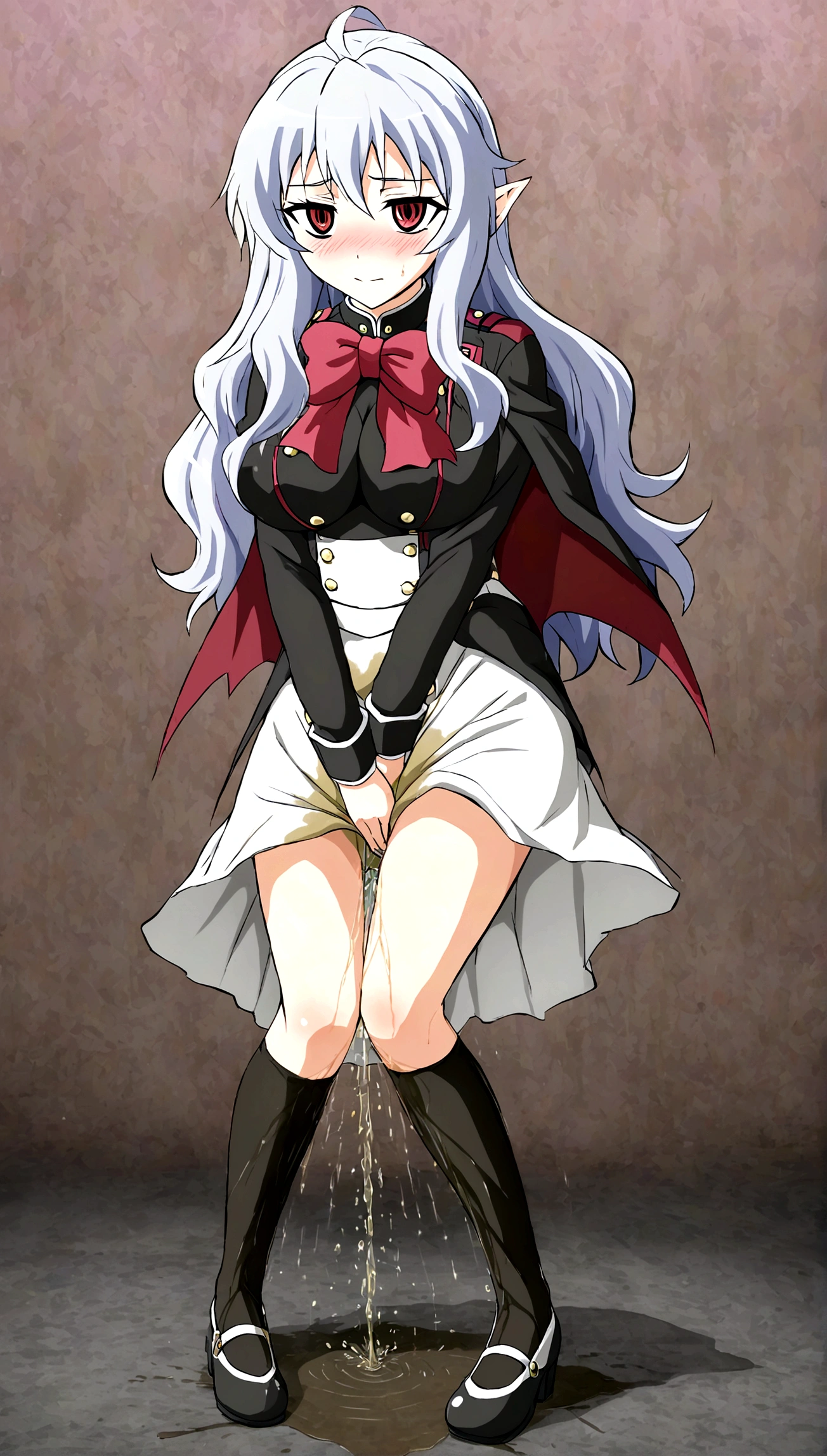 Anime. Owari no Seraph. 1 Girl. Dear . A vampire. Progenitor Clumsy. Silver hair. Wavy hair. Long hair. Red eyes. Beautiful eyes. Perfect eyes. Expressive eyes. Ideal face. Perfect body. Beautiful long ones. legs. Beautiful nose. 18 years. Big breasts. Standing. Full length Beautiful character design. Shiny skin. Pointy ears. White dress. Vampire uniform dress from
Owari no Seraph. Black stockings. Heeled shoes. Urinary incontinence. She wants to pee. She needs to pee. She has a strong, desperate urge to pee. Hand on crotch. He squeezes his crotch tightly. Rubs the crotch. The girl can't stand straight. Knees together, feet apart. She peed herself. Urine runs down my thighs. Ruins of Tokyo. Full body. NSWF. Official art. Extremely detailed CG Unity 8k wallpaper. Ideal lighting. Ultra high resolution 4K. Super detailed 8K. A high resolution.