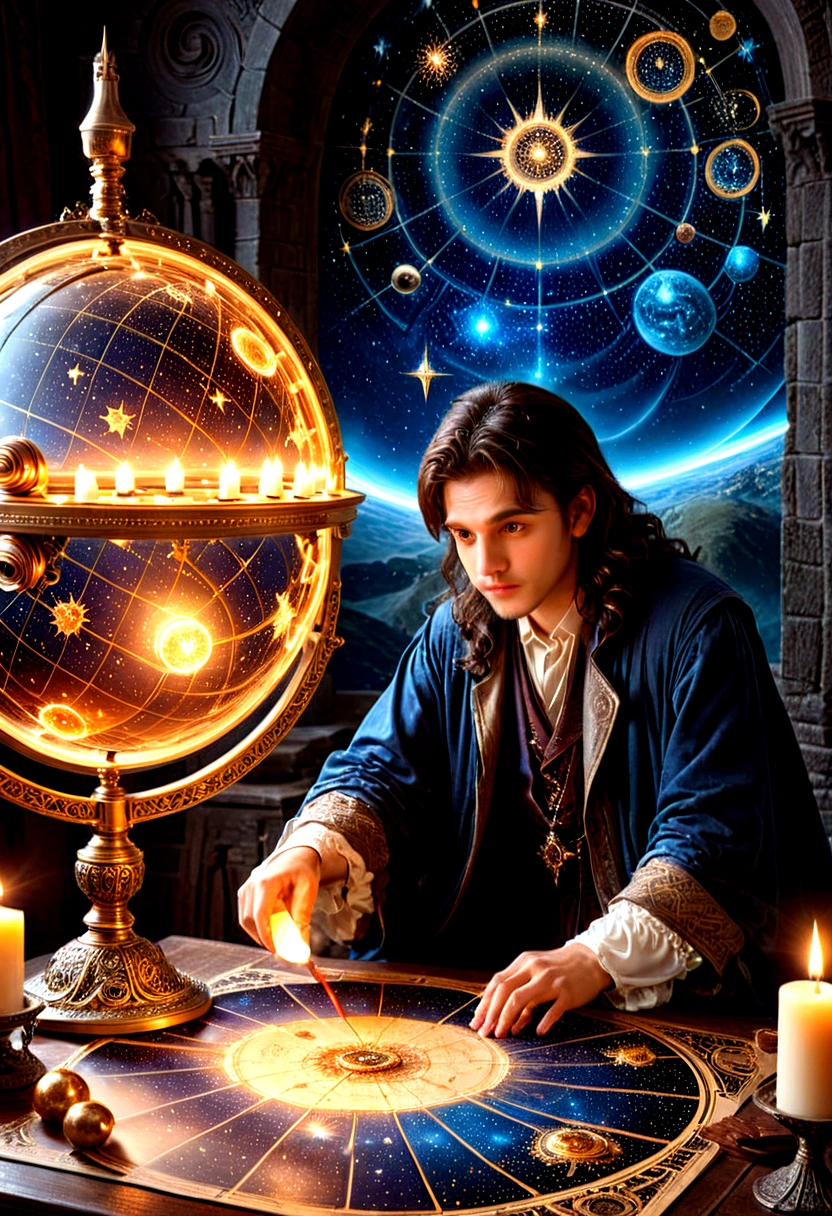 1boy, Astrologer, MAGIC: Ancient WIZARD reading a Map of the Constellations, telescope, candles, on a table, Epic cinematic brilliant stunning intricate meticulously detailed dramatic atmospheric maximalist digital matte painting, masterpiece, best quality, very aesthetic, absurdres