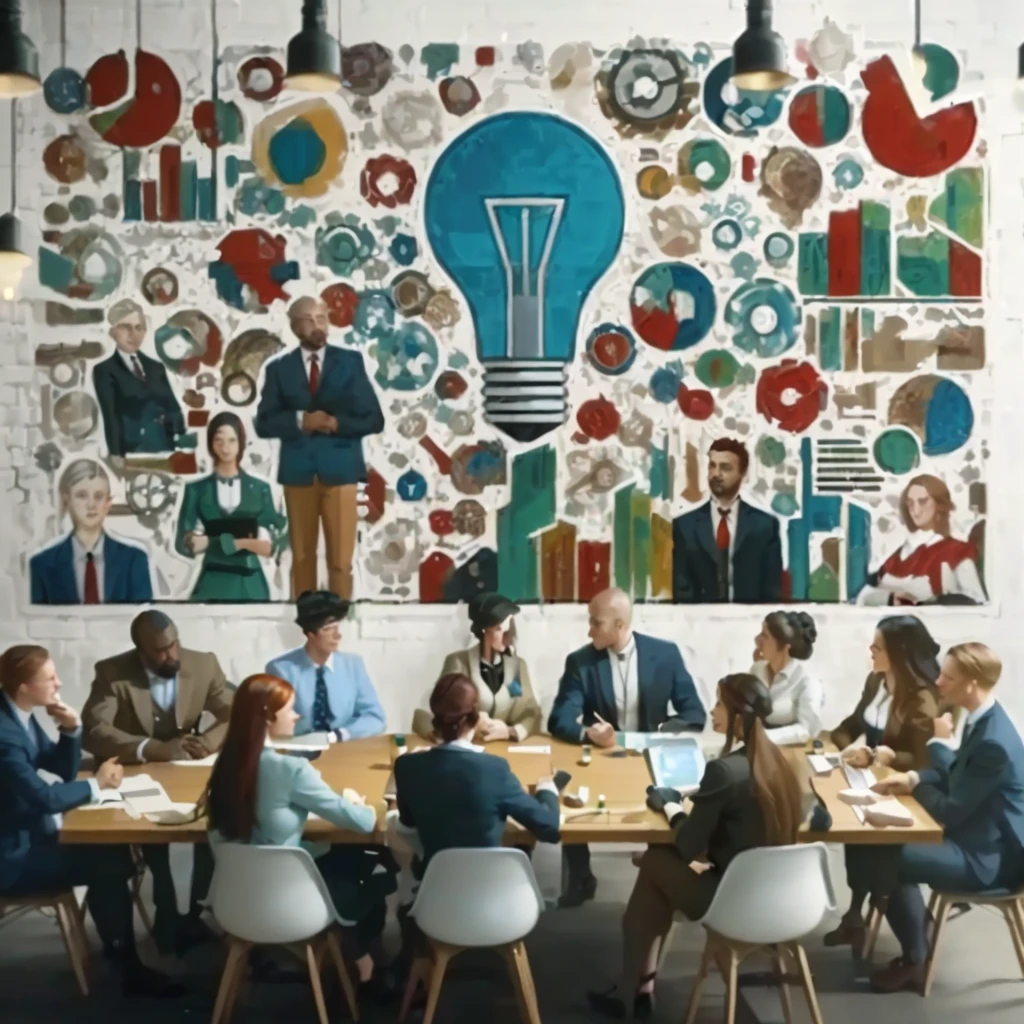 a group of people sitting around a table with a large mural on the wall, business surrounding, by Konrad Witz, in a meeting room, by Daniel Schultz, by Jeka Kemp, ilustration, by derek zabrocki, by Joseph Werner, by Emma Andijewska, group sit at table, by Kurt Roesch, vibrant and powerful