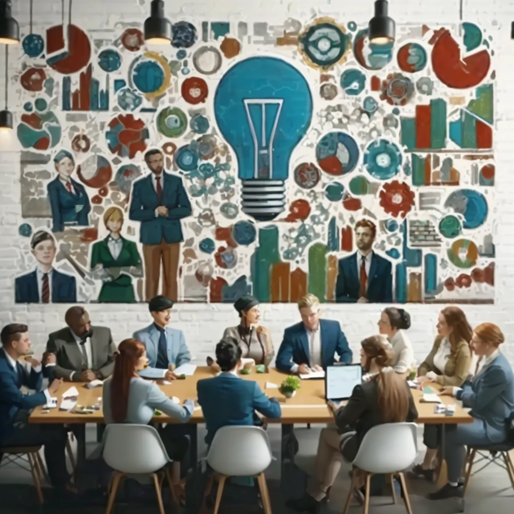 a group of people sitting around a table with a large mural on the wall, business surrounding, by Konrad Witz, in a meeting room, by Daniel Schultz, by Jeka Kemp, ilustration, by derek zabrocki, by Joseph Werner, by Emma Andijewska, group sit at table, by Kurt Roesch, vibrant and powerful