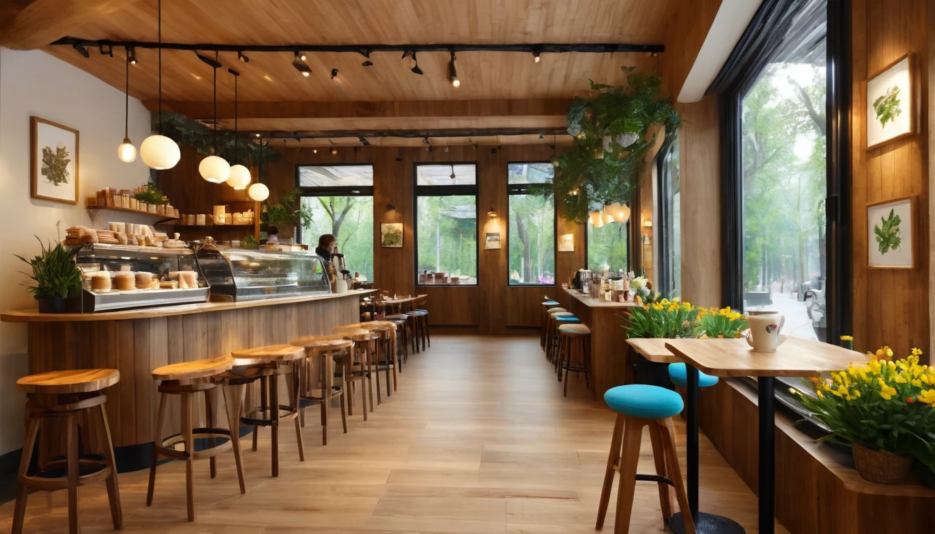 A coffee shop nestled in a magical forest. The interior of the coffee shop is designed with warm wood tones and features an interior design that incorporates the beauty of nature. The floor is made of polished wooden planks and the walls are decorated with visible annual rings of wood. Large windows overlook the forest, and soft natural light brightens the interior. The restaurant is lined with handmade wooden tables and chairs, each decorated with colorful flowers. The counter is lined with aromatic coffee and herbal teas and beautifully displayed with handmade cakes and baked goods. Behind the counter, there is ample space and a large window. The walls are decorated with paintings and photographs by local artists, creating a warm and inviting atmosphere. Soft, warm lamps are used for lighting, and at night the store is enveloped in a subtle glow, creating a relaxing atmosphere. Shelves are lined with books and magazines to help visitors relax. The overall atmosphere is cozy and inviting, giving visitors a sense of well-being and peace of mind. Otherworldly, other dimension, highly realistic, photorealistic, surrealistic, masterpiece, top quality, high resolution, 8K, 3D rendering, depth of field
