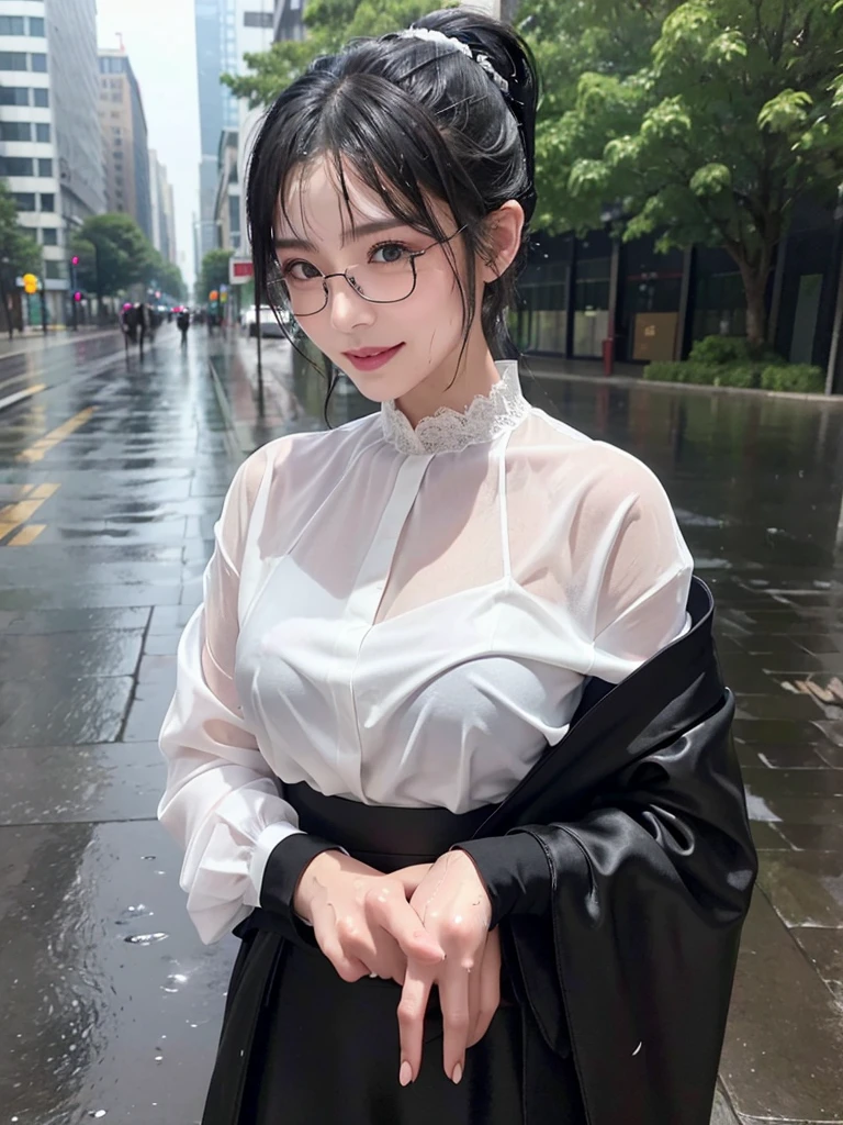 ((best quality, 8K, masterpiece: 1.3)),upper body,Thick black-rimmed glasses,Black Hair, black eye,sharp focus: 1.2, beautiful woman: 1.4, ((ponytail: 1.2)),(Silk darkmagenta long skirt、White long sleeve blouse with lace), (wet from rain: 1.3), (rain, street: 1.2), wet body: 1.2, Highly detailed face and skin texture, detailed eyes, double eyelids, White skin,E cup,smile,Financial district of the big city,Skyscraper,White skin,Wet Hair、Wet Skin、Wet clothes、smile、 