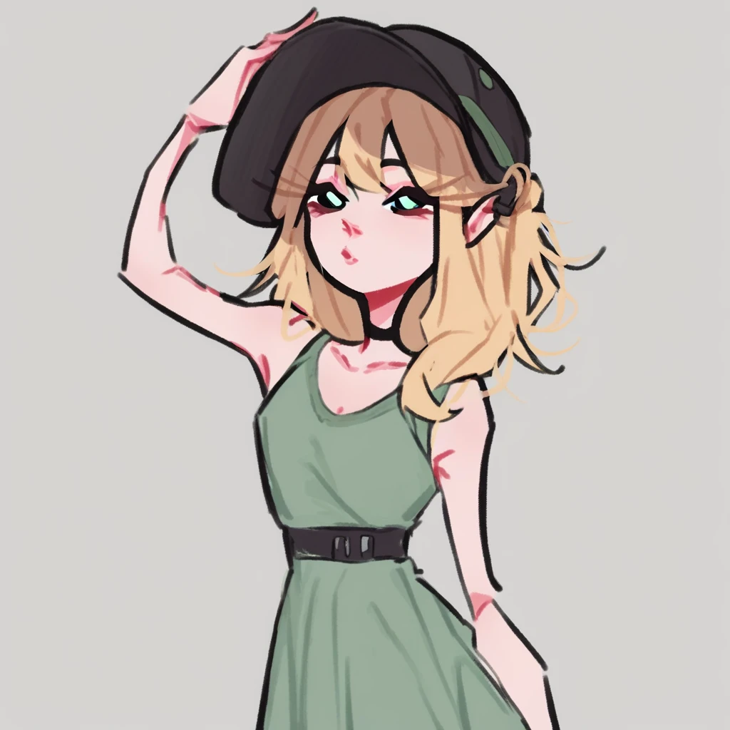 score_9, score_8_up, score_7_up, dijor, cute, girl with blonde cream hair, green dress, posing, hair with hat
