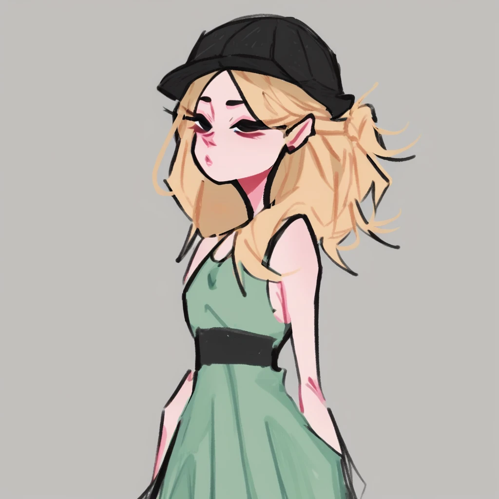 score_9, score_8_up, score_7_up, dijor, cute, girl with blonde cream hair, green dress, posing, hair with hat